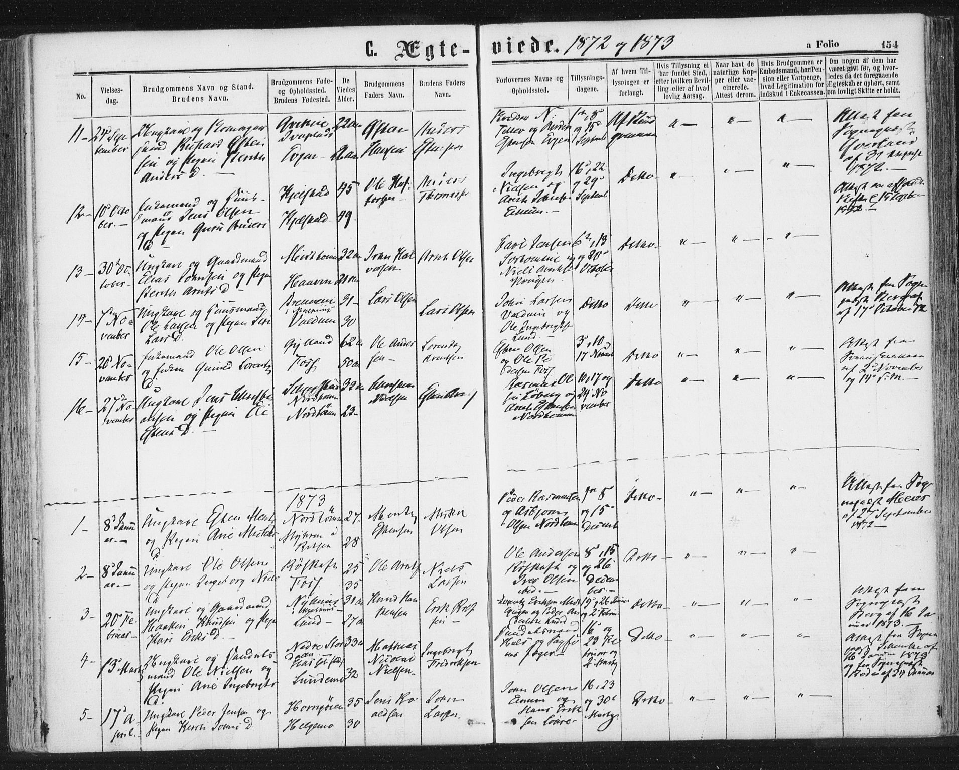 Ministerialprotokoller, klokkerbøker og fødselsregistre - Sør-Trøndelag, AV/SAT-A-1456/692/L1104: Parish register (official) no. 692A04, 1862-1878, p. 154