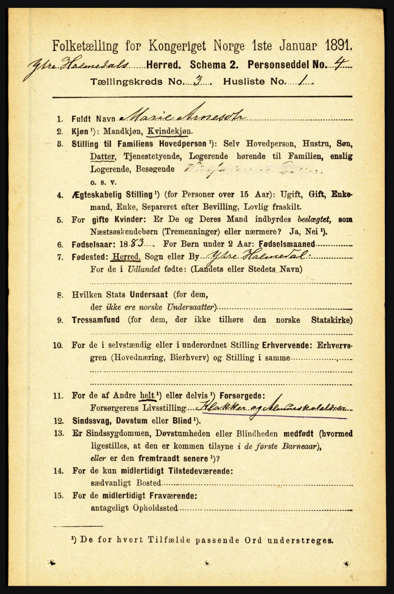 RA, 1891 census for 1429 Ytre Holmedal, 1891, p. 638