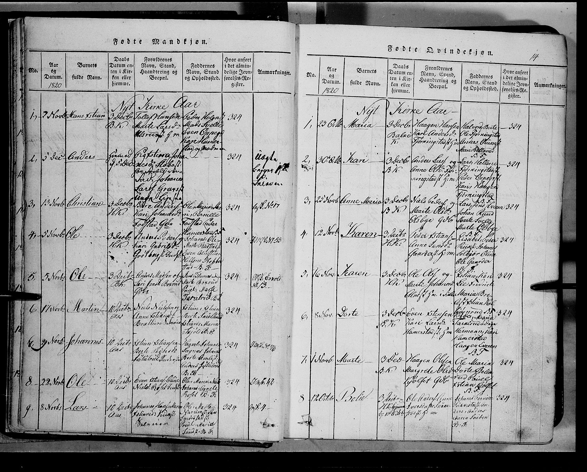 Toten prestekontor, SAH/PREST-102/H/Ha/Hab/L0002: Parish register (copy) no. 2, 1820-1827, p. 14