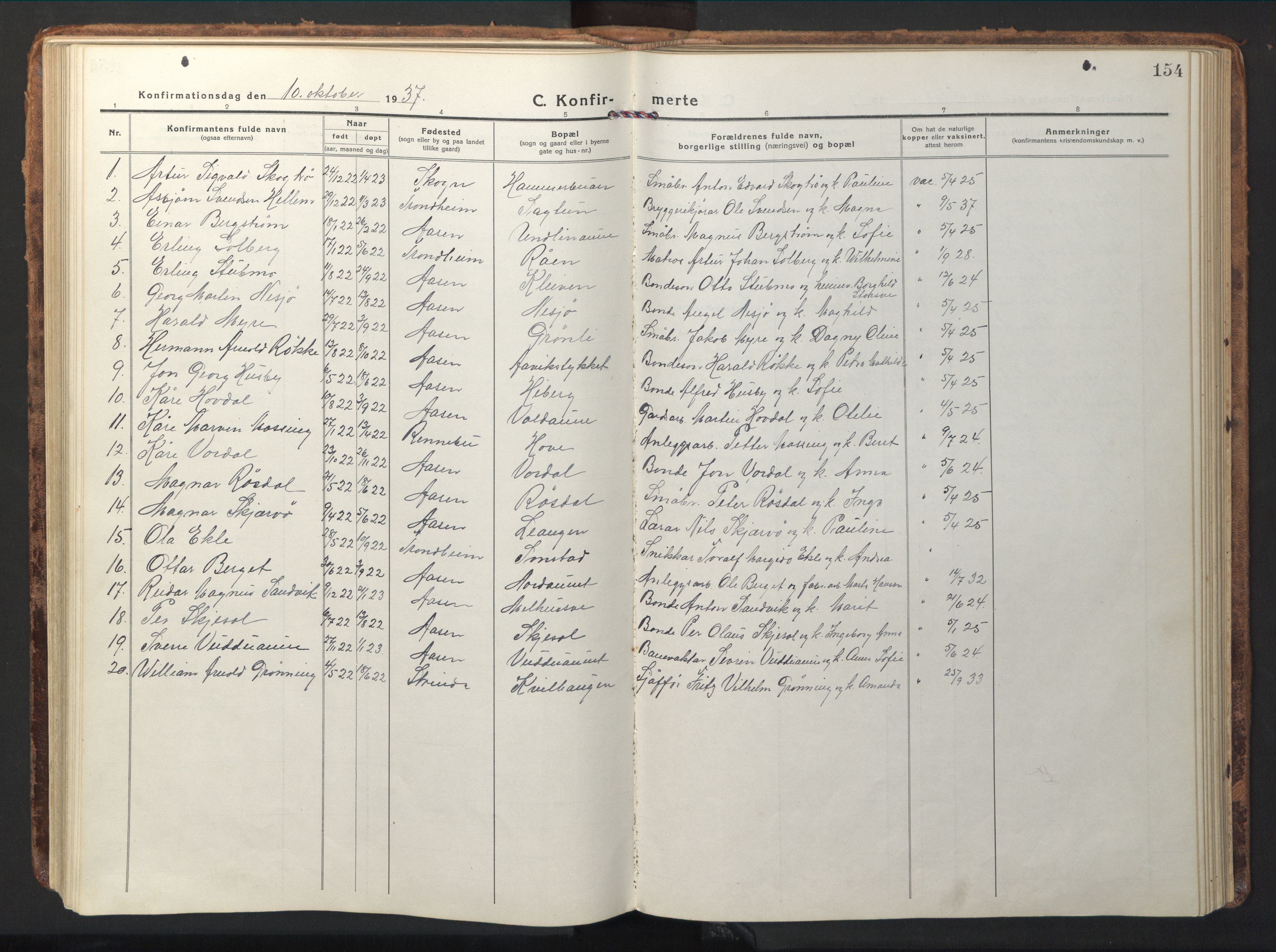 Ministerialprotokoller, klokkerbøker og fødselsregistre - Nord-Trøndelag, AV/SAT-A-1458/714/L0136: Parish register (copy) no. 714C05, 1918-1957, p. 154