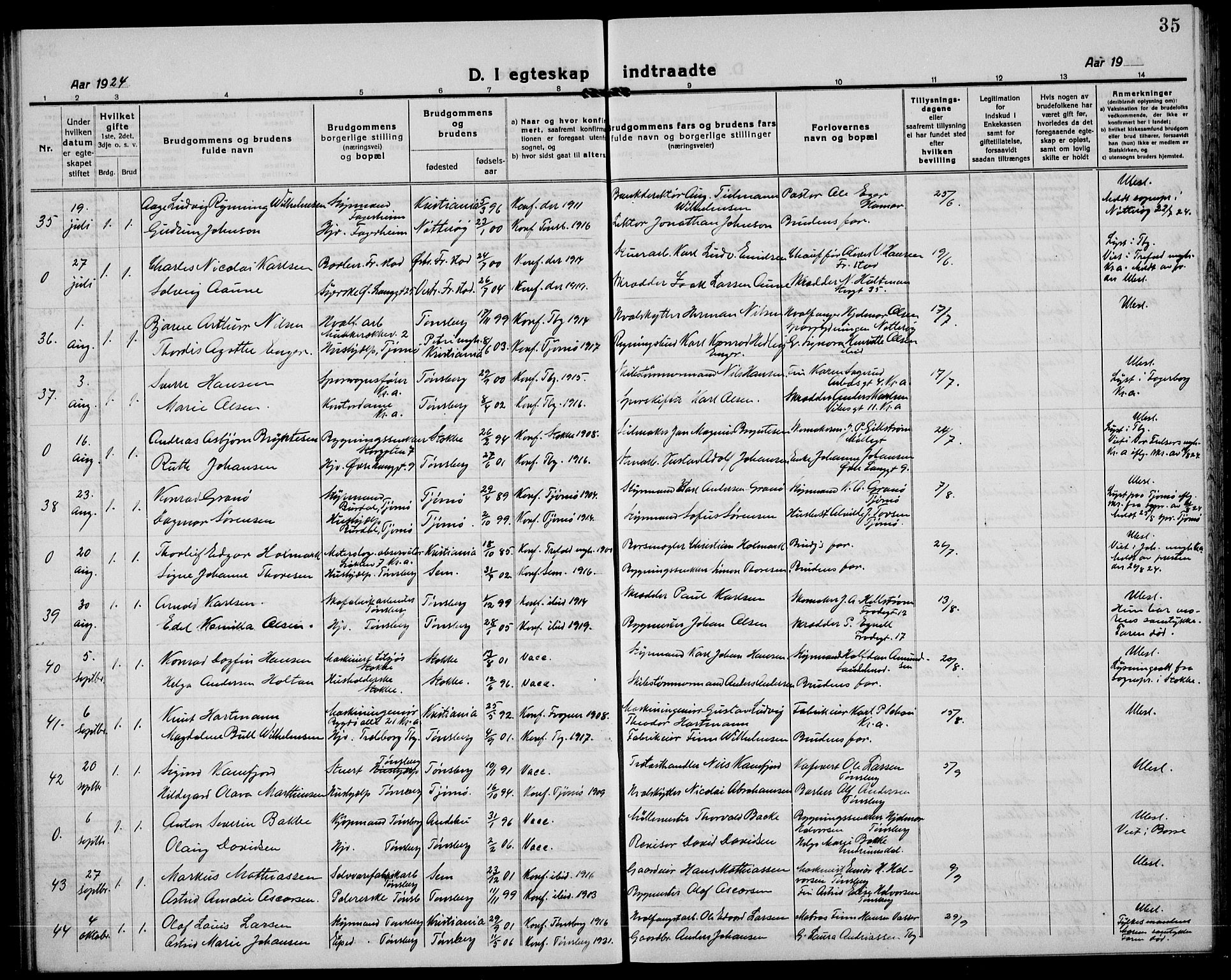 Tønsberg kirkebøker, AV/SAKO-A-330/G/Ga/L0016: Parish register (copy) no. 16, 1920-1933, p. 35