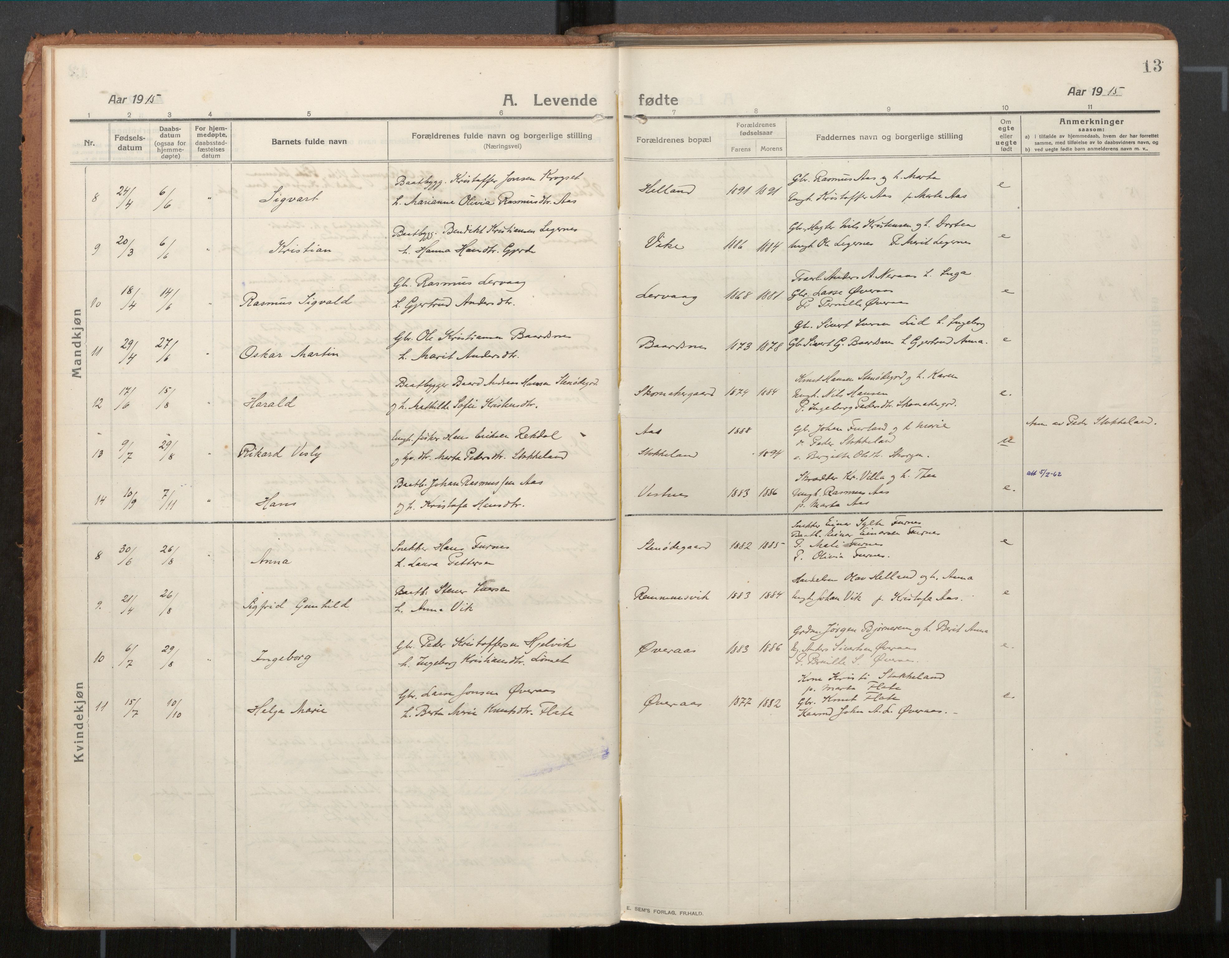 Ministerialprotokoller, klokkerbøker og fødselsregistre - Møre og Romsdal, AV/SAT-A-1454/539/L0534a: Parish register (official) no. 539A08, 1912-1935, p. 13