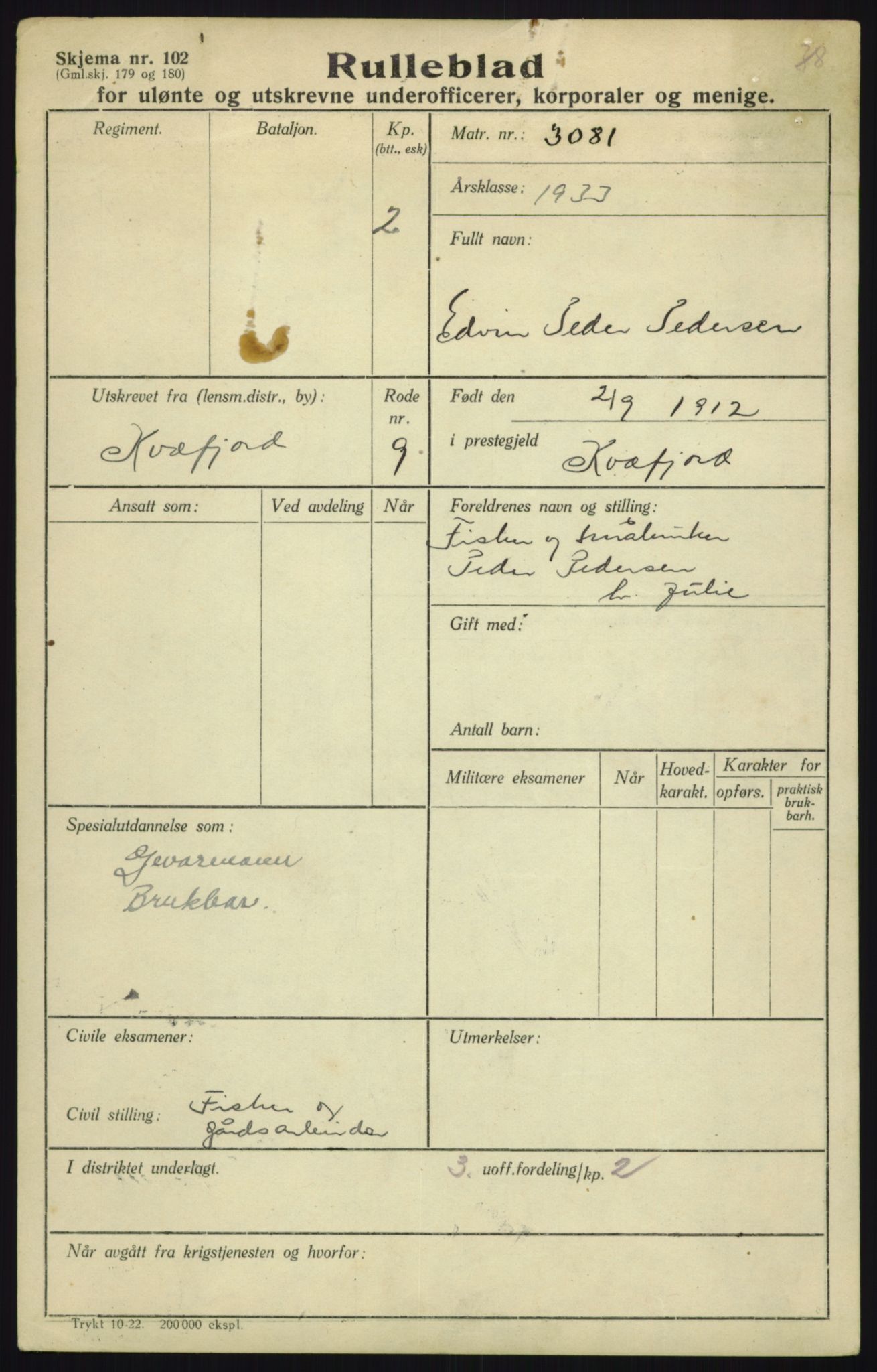 Forsvaret, Troms infanteriregiment nr. 16, AV/RA-RAFA-3146/P/Pa/L0017: Rulleblad for regimentets menige mannskaper, årsklasse 1933, 1933, p. 997