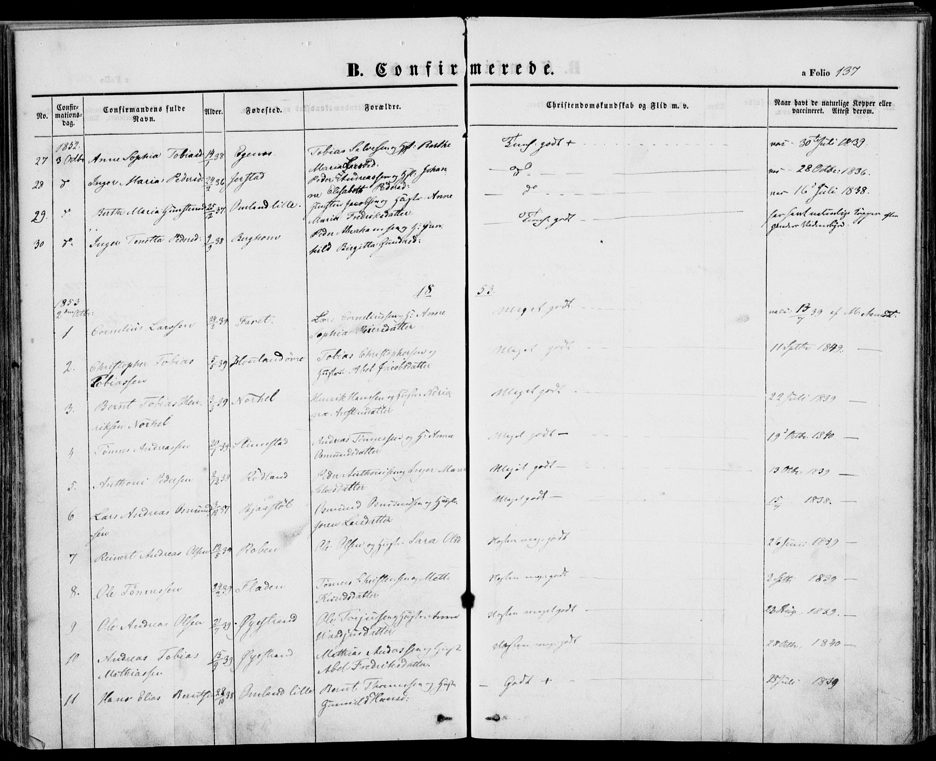 Kvinesdal sokneprestkontor, AV/SAK-1111-0026/F/Fa/Fab/L0005: Parish register (official) no. A 5, 1844-1857, p. 137