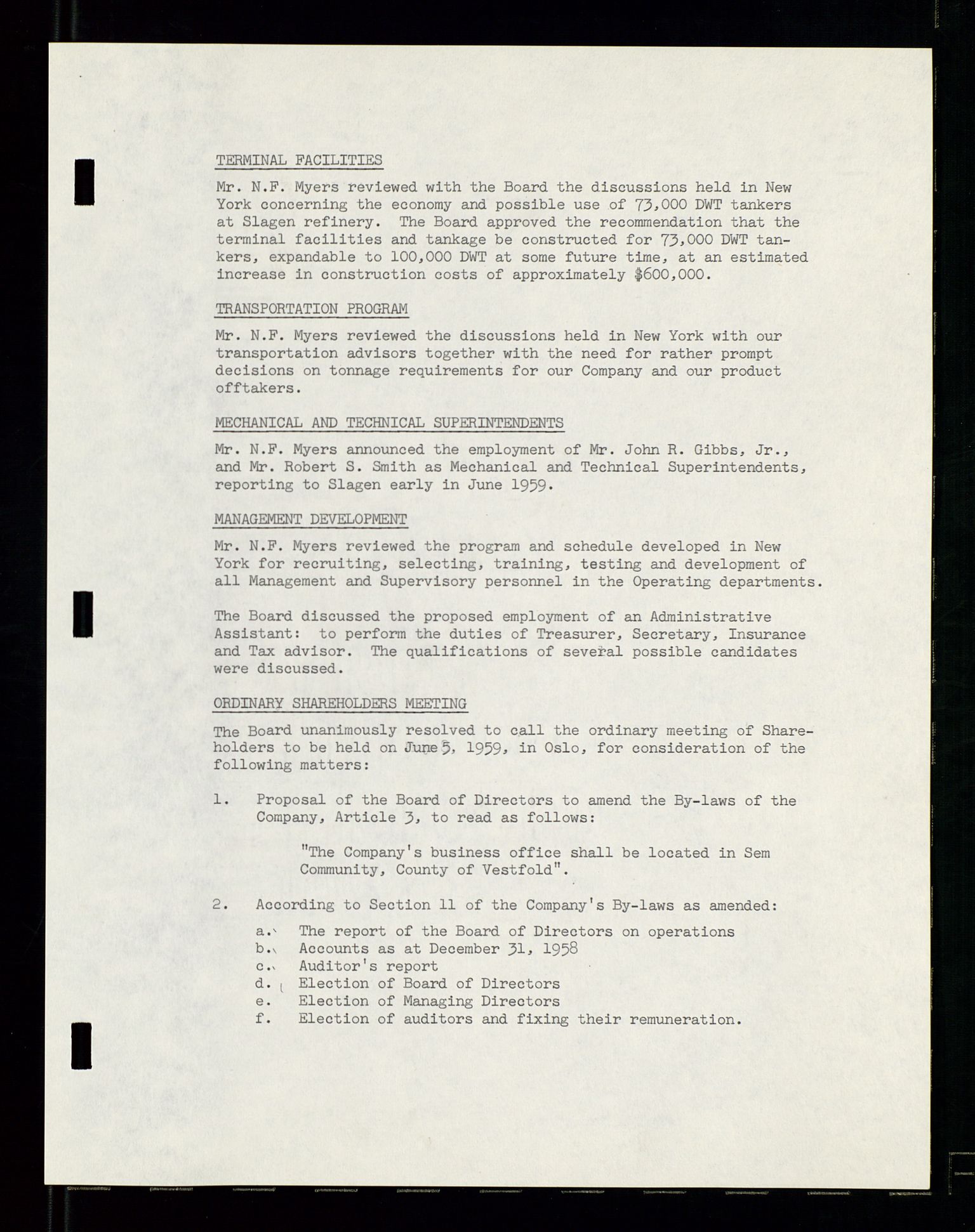 PA 1537 - A/S Essoraffineriet Norge, AV/SAST-A-101957/A/Aa/L0001/0002: Styremøter / Shareholder meetings, board meetings, by laws (vedtekter), 1957-1960, p. 151