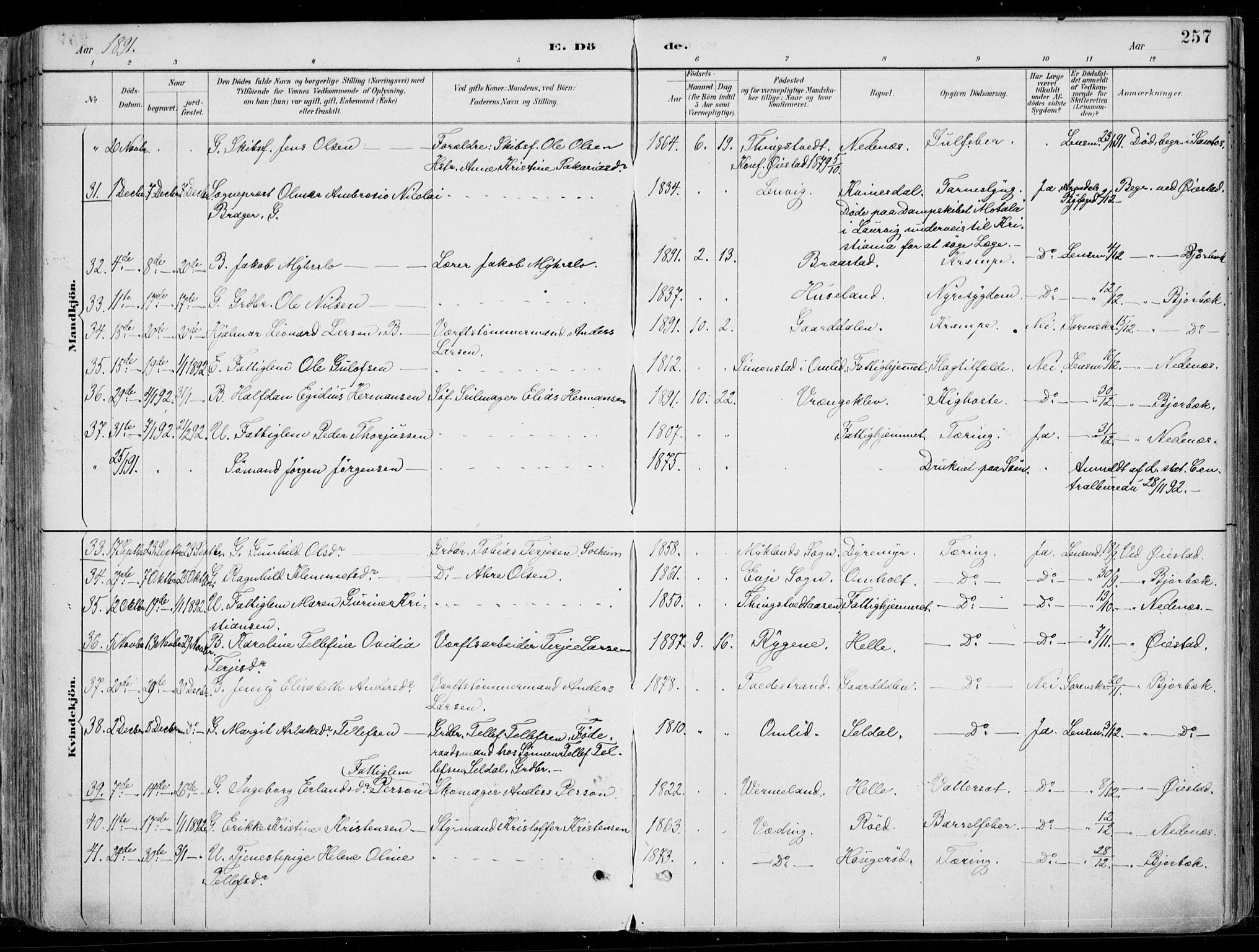 Øyestad sokneprestkontor, AV/SAK-1111-0049/F/Fa/L0017: Parish register (official) no. A 17, 1887-1896, p. 257