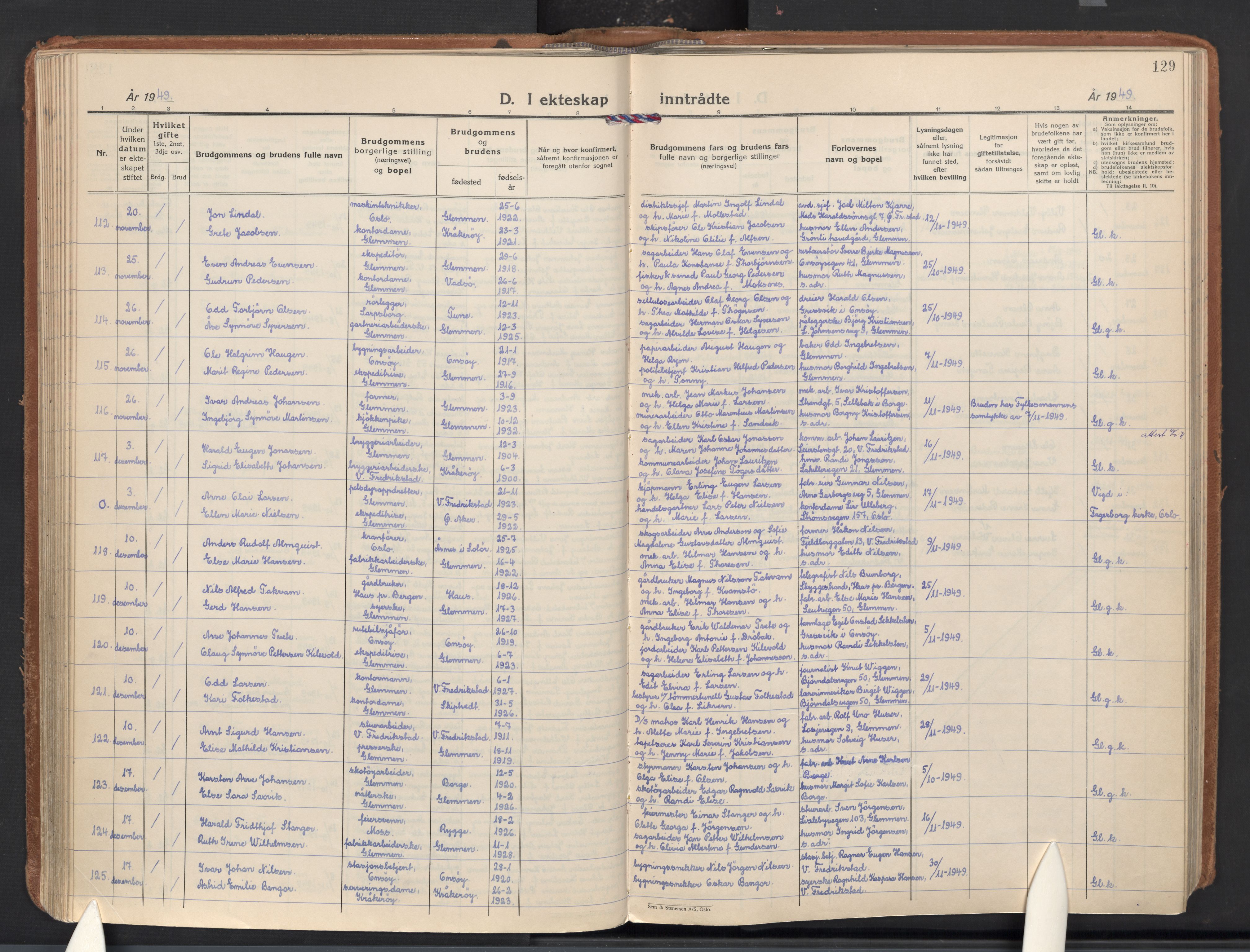 Glemmen prestekontor Kirkebøker, AV/SAO-A-10908/F/Fa/L0020: Parish register (official) no. 20, 1938-1968, p. 129