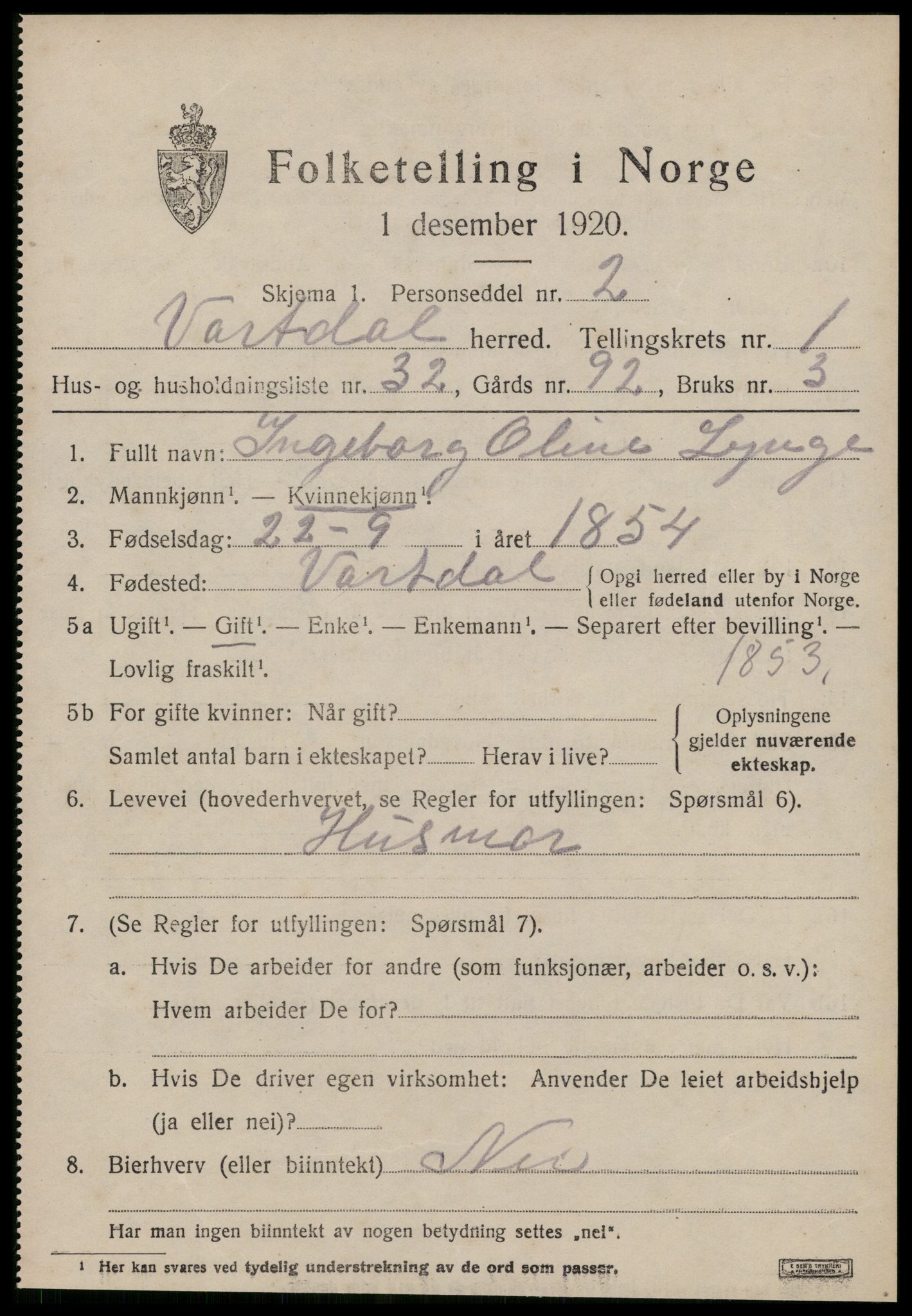 SAT, 1920 census for Vartdal, 1920, p. 733