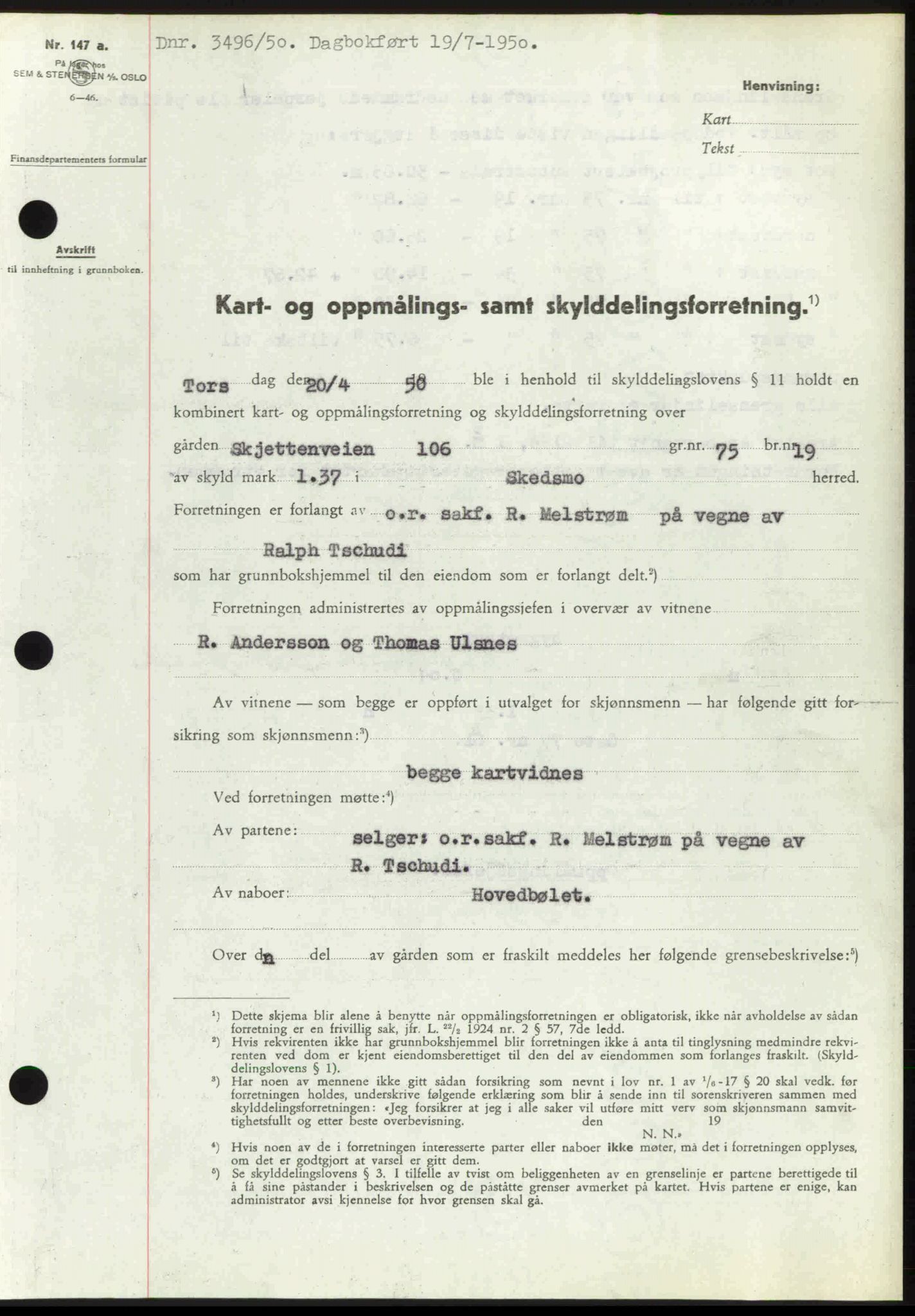 Nedre Romerike sorenskriveri, SAO/A-10469/G/Gb/Gbd/L0030: Mortgage book no. 30, 1950-1950, Diary no: : 3496/1950