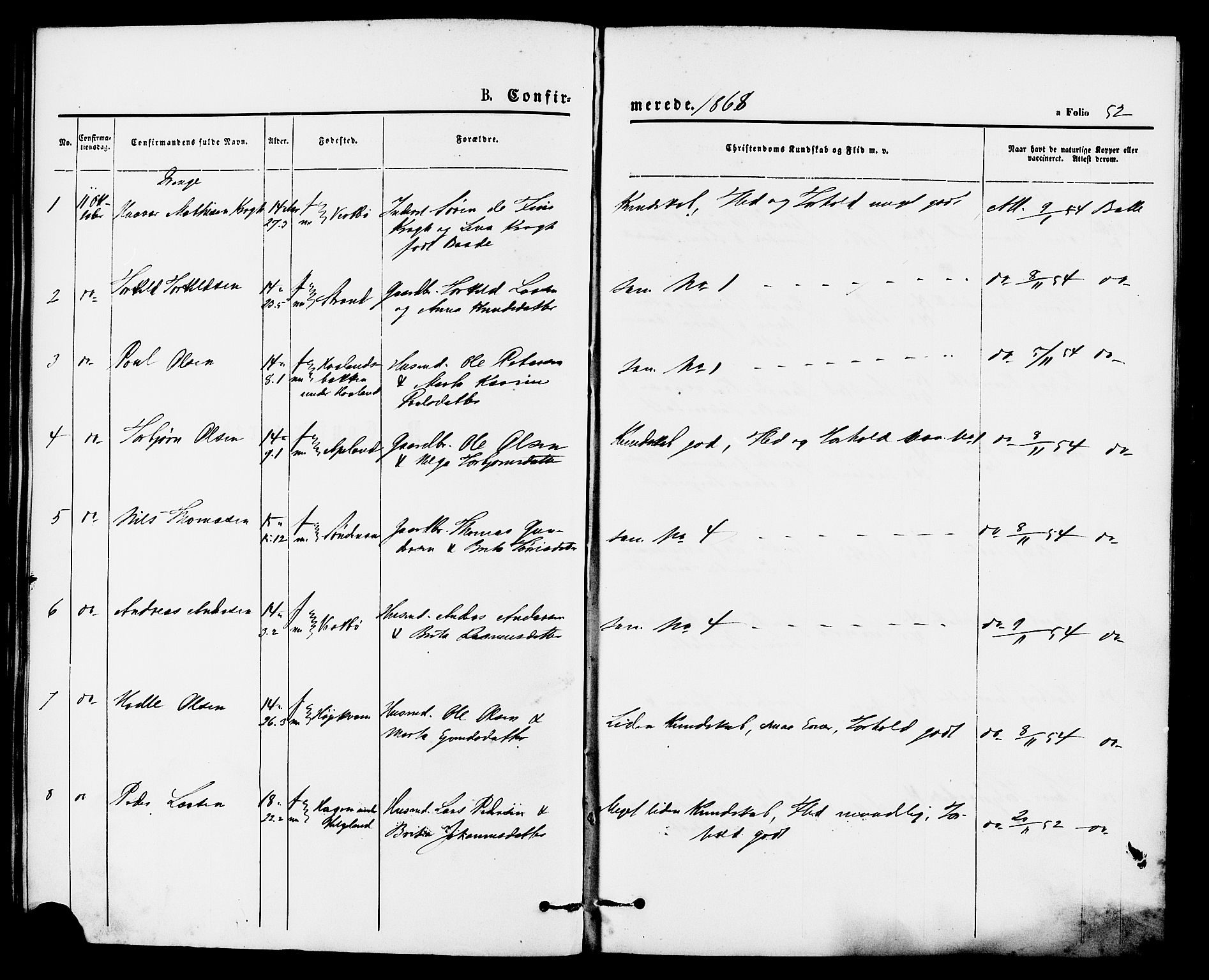 Vikedal sokneprestkontor, SAST/A-101840/01/IV: Parish register (official) no. A 8, 1868-1885, p. 52