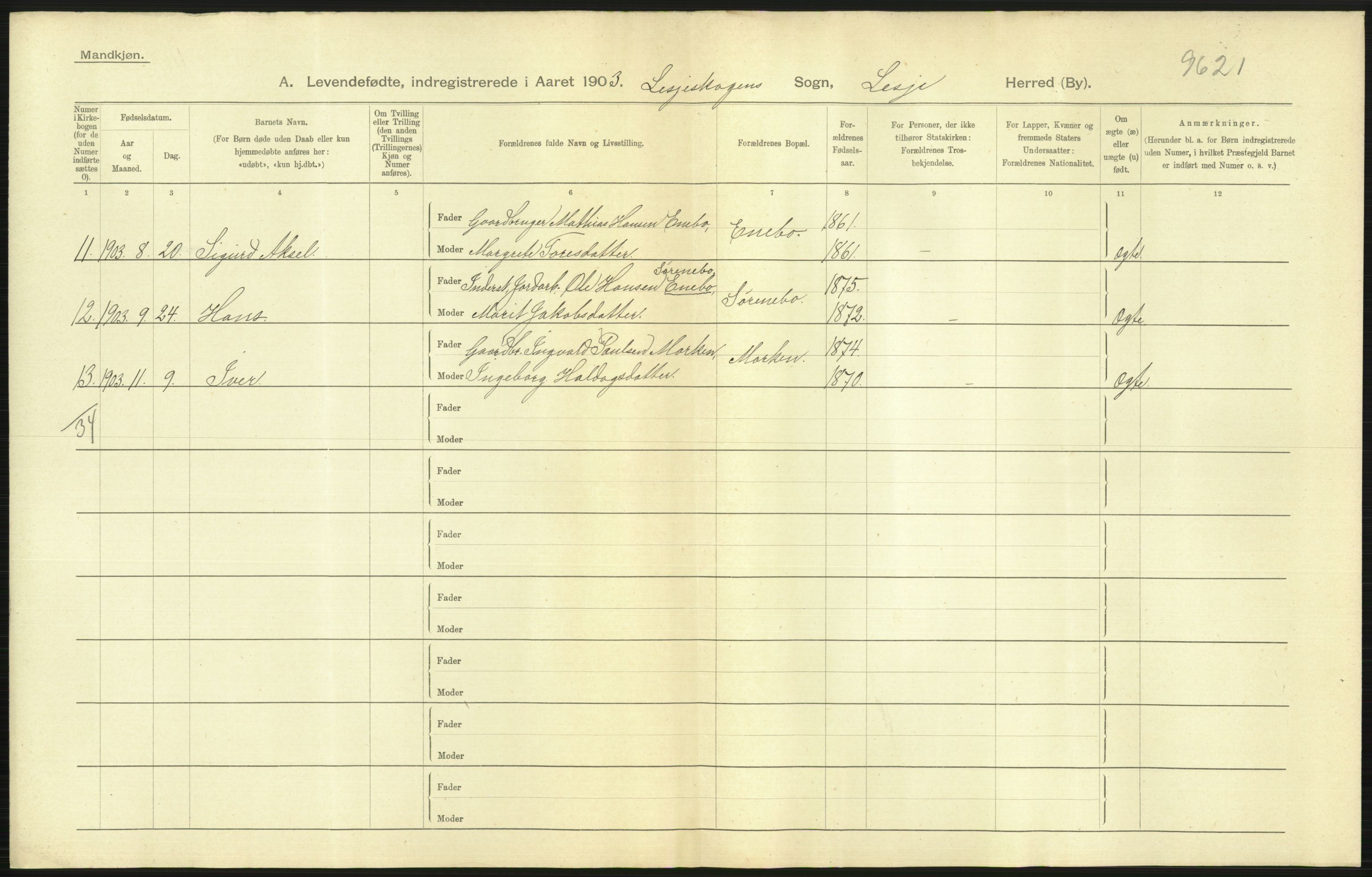 Statistisk sentralbyrå, Sosiodemografiske emner, Befolkning, RA/S-2228/D/Df/Dfa/Dfaa/L0006: Kristians amt: Fødte, gifte, døde, 1903, p. 15