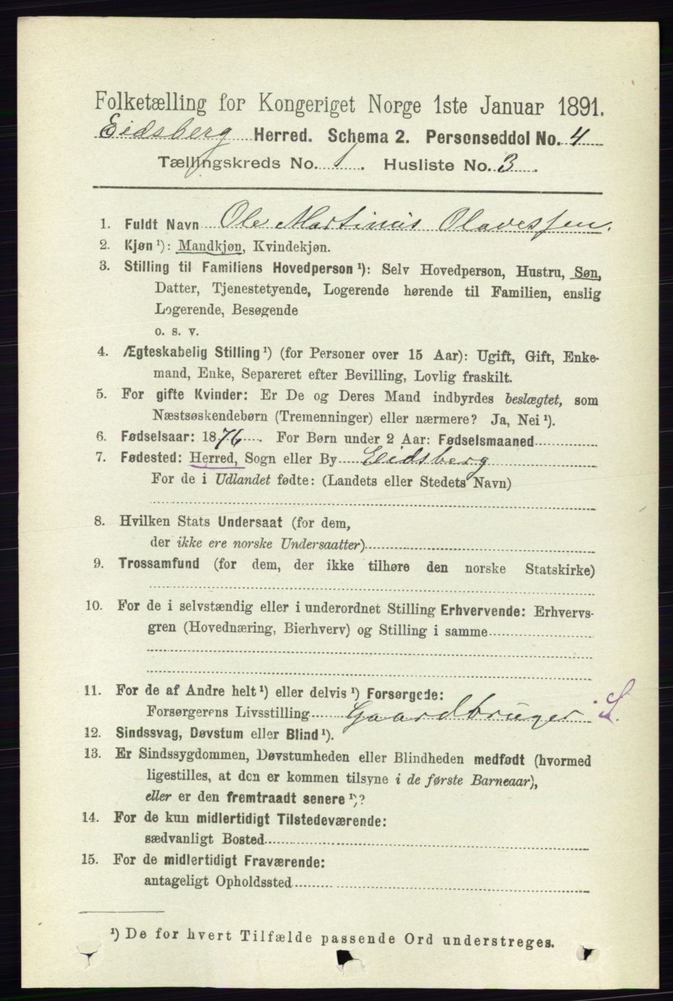 RA, 1891 census for 0125 Eidsberg, 1891, p. 155