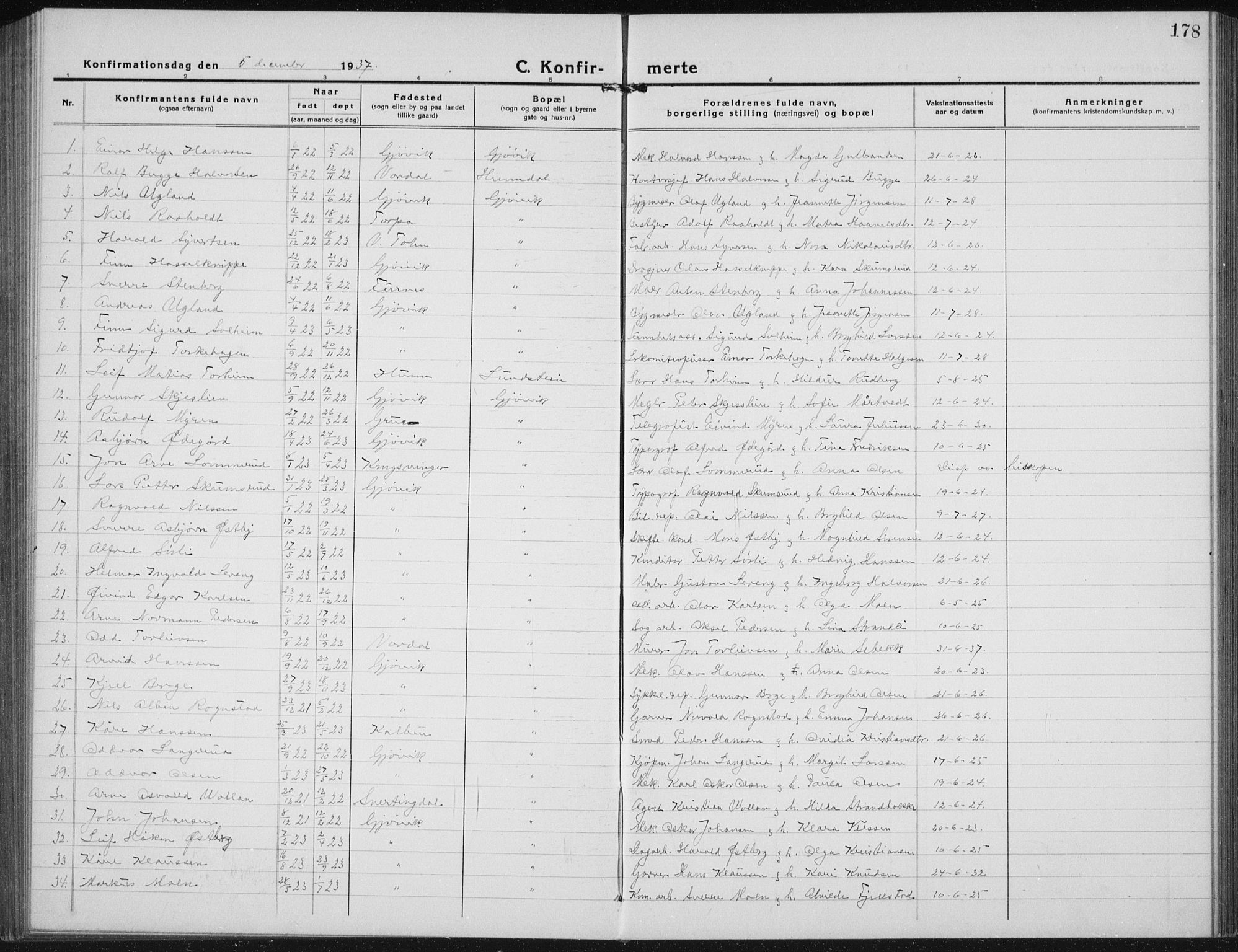 Vardal prestekontor, SAH/PREST-100/H/Ha/Hab/L0017: Parish register (copy) no. 17, 1922-1941, p. 178