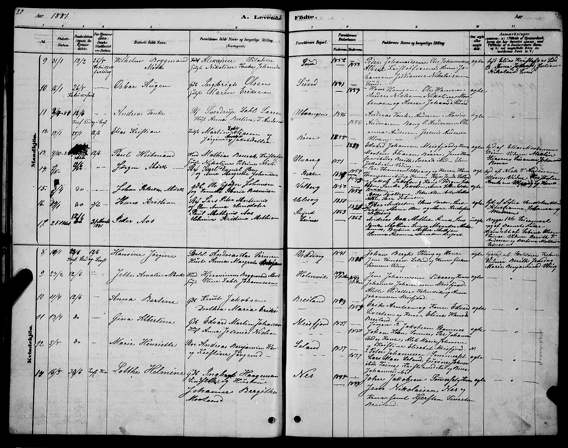 Ministerialprotokoller, klokkerbøker og fødselsregistre - Nordland, AV/SAT-A-1459/831/L0477: Parish register (copy) no. 831C04, 1878-1897, p. 20