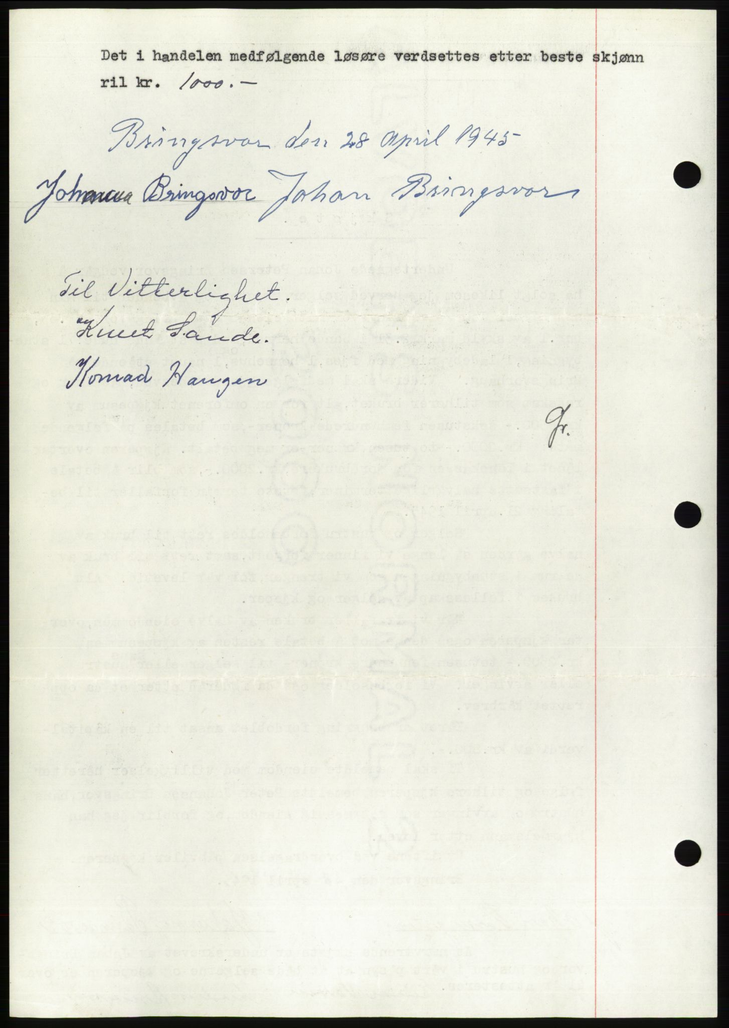 Søre Sunnmøre sorenskriveri, AV/SAT-A-4122/1/2/2C/L0077: Mortgage book no. 3A, 1945-1946, Diary no: : 292/1945