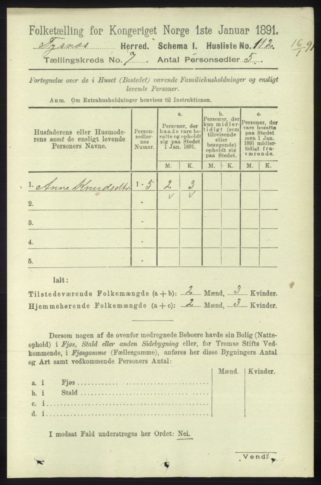 RA, 1891 census for 1223 Tysnes, 1891, p. 2874