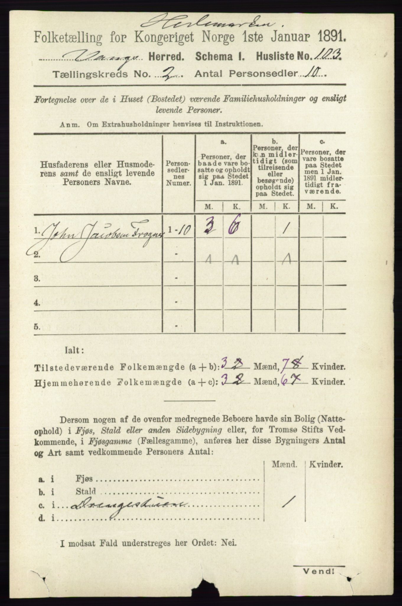 RA, 1891 census for 0414 Vang, 1891, p. 1035