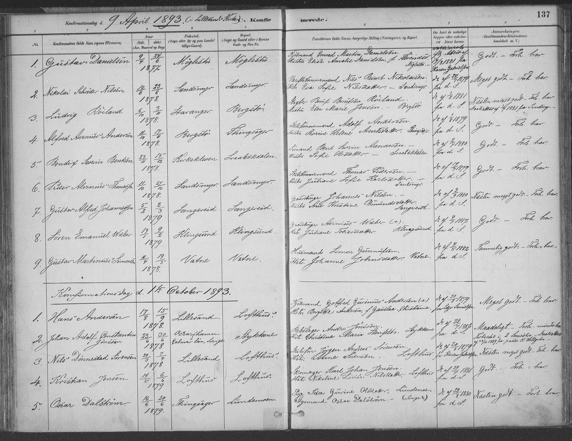 Vestre Moland sokneprestkontor, SAK/1111-0046/F/Fa/Fab/L0009: Parish register (official) no. A 9, 1884-1899, p. 137