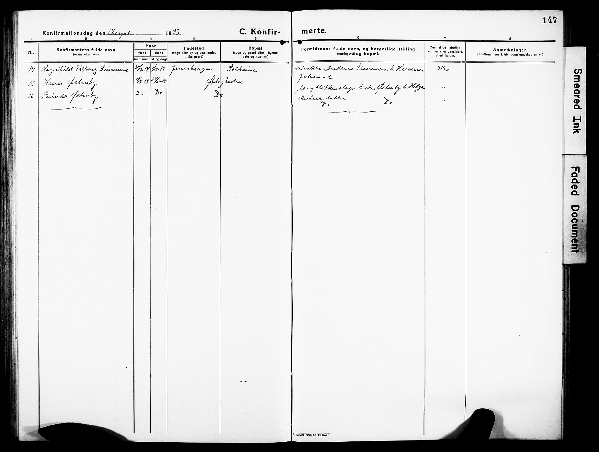 Høland prestekontor Kirkebøker, AV/SAO-A-10346a/G/Gb/L0002: Parish register (copy) no. II 2, 1915-1933, p. 147