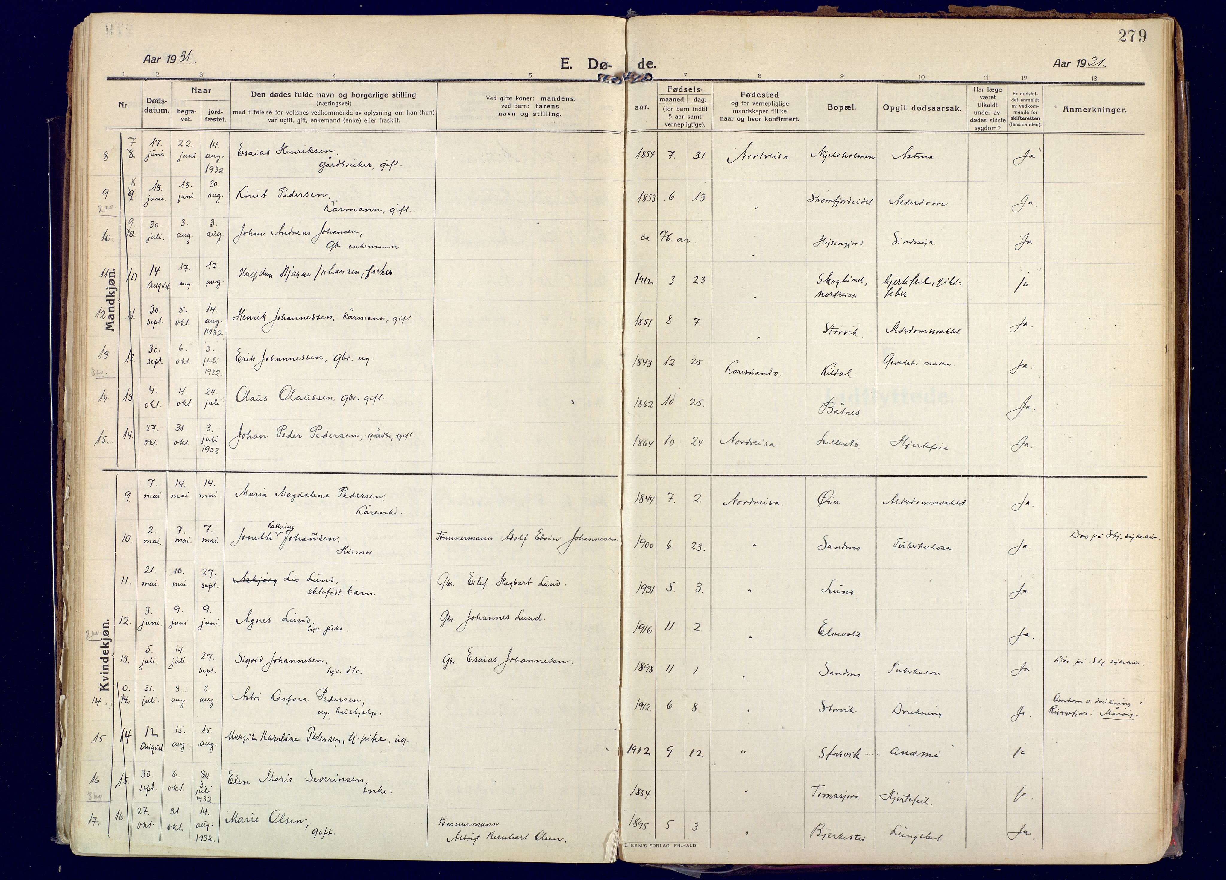 Skjervøy sokneprestkontor, AV/SATØ-S-1300/H/Ha/Haa: Parish register (official) no. 20, 1911-1931, p. 279