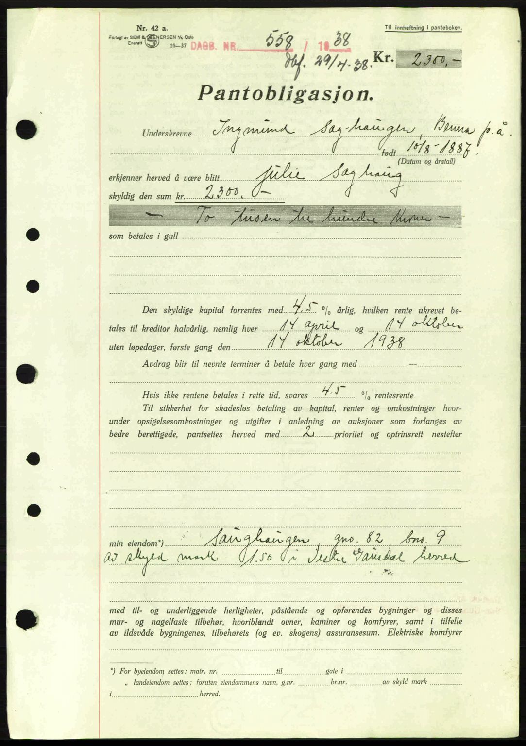 Sør-Gudbrandsdal tingrett, SAH/TING-004/H/Hb/Hbe/L0001: Mortgage book no. B1, 1936-1939, Diary no: : 558/1938