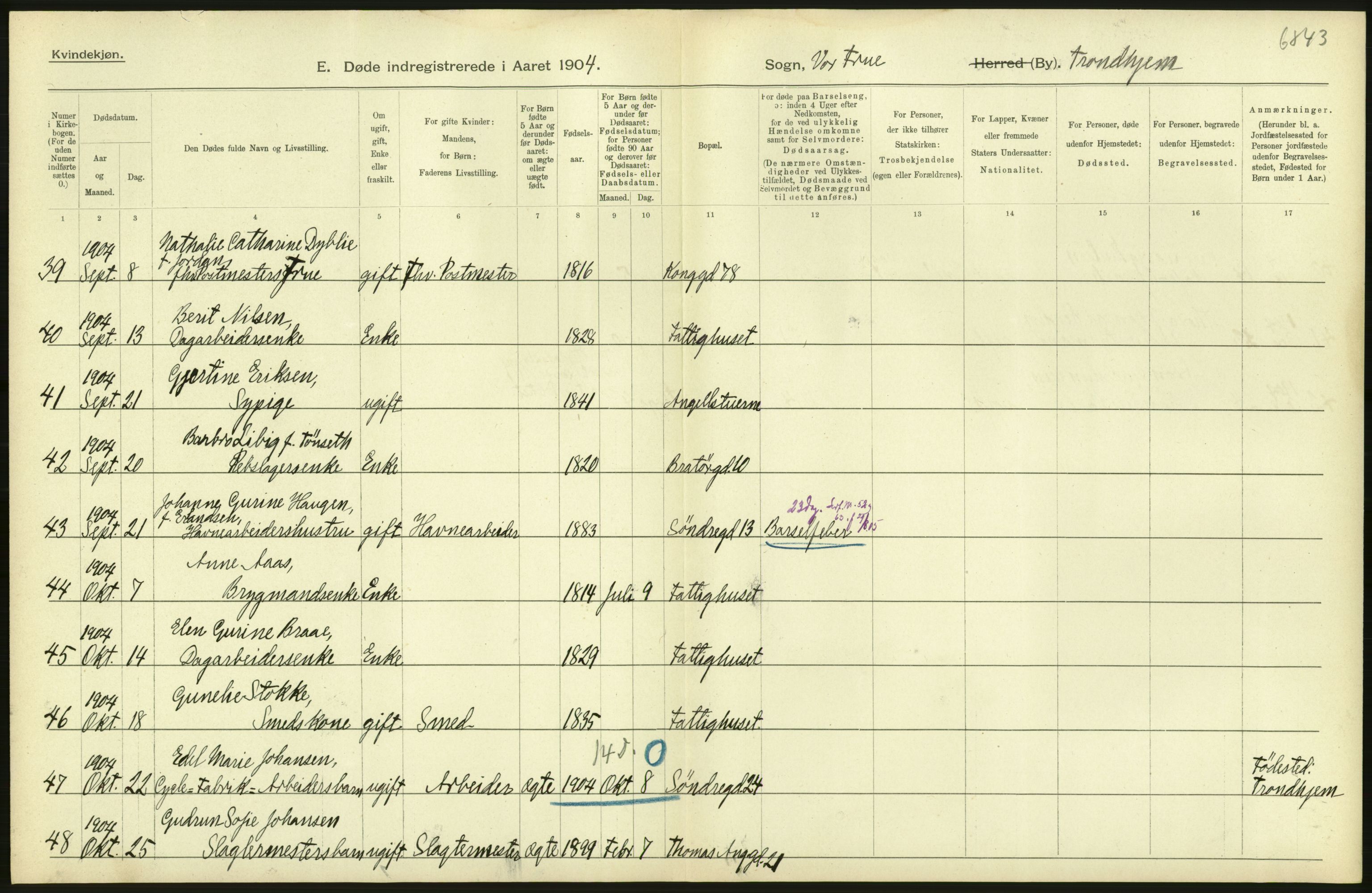 Statistisk sentralbyrå, Sosiodemografiske emner, Befolkning, AV/RA-S-2228/D/Df/Dfa/Dfab/L0018: Trondhjem: Fødte, gifte, døde., 1904, p. 70