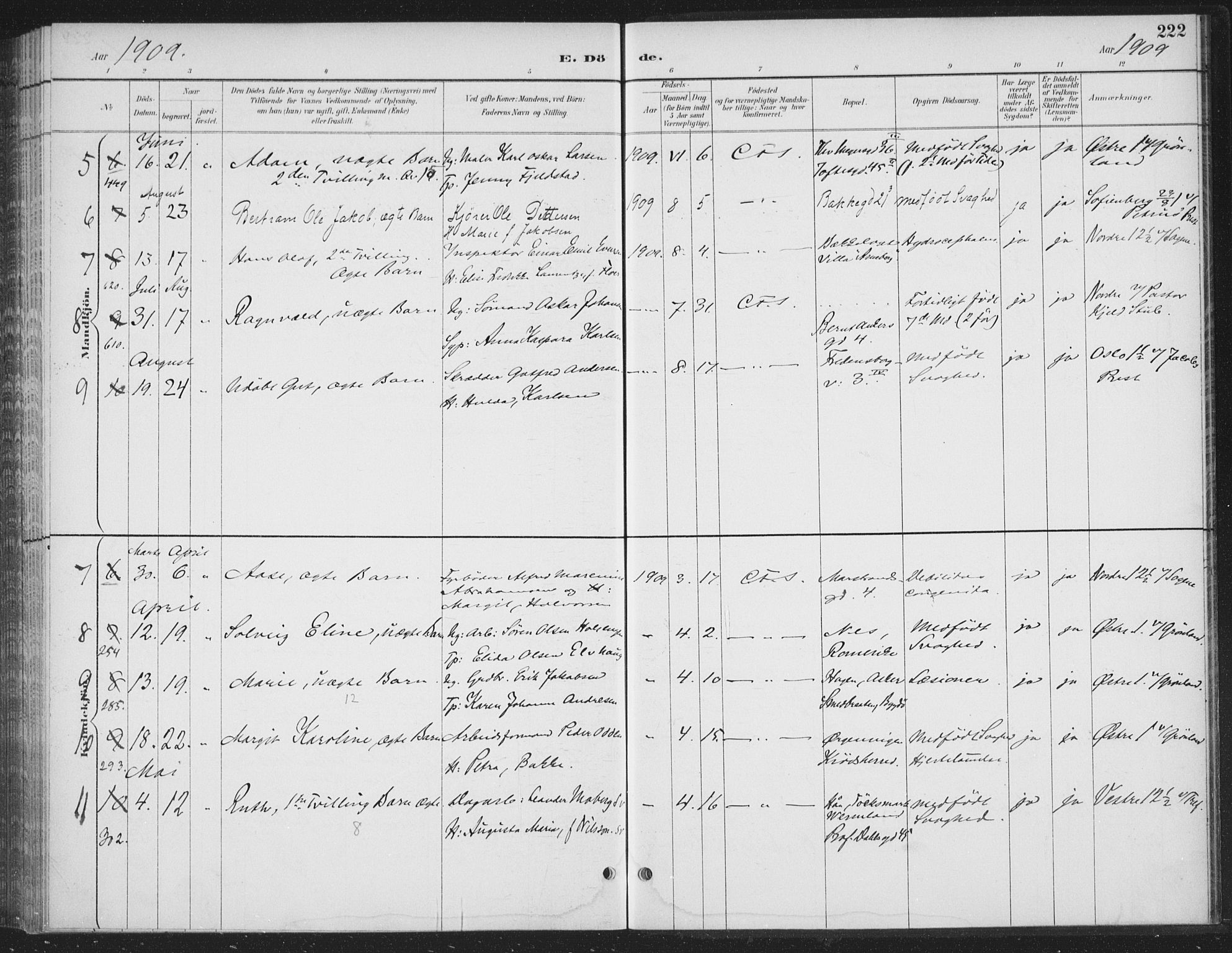 Rikshospitalet prestekontor Kirkebøker, SAO/A-10309b/F/L0010: Parish register (official) no. 10, 1888-1912, p. 222