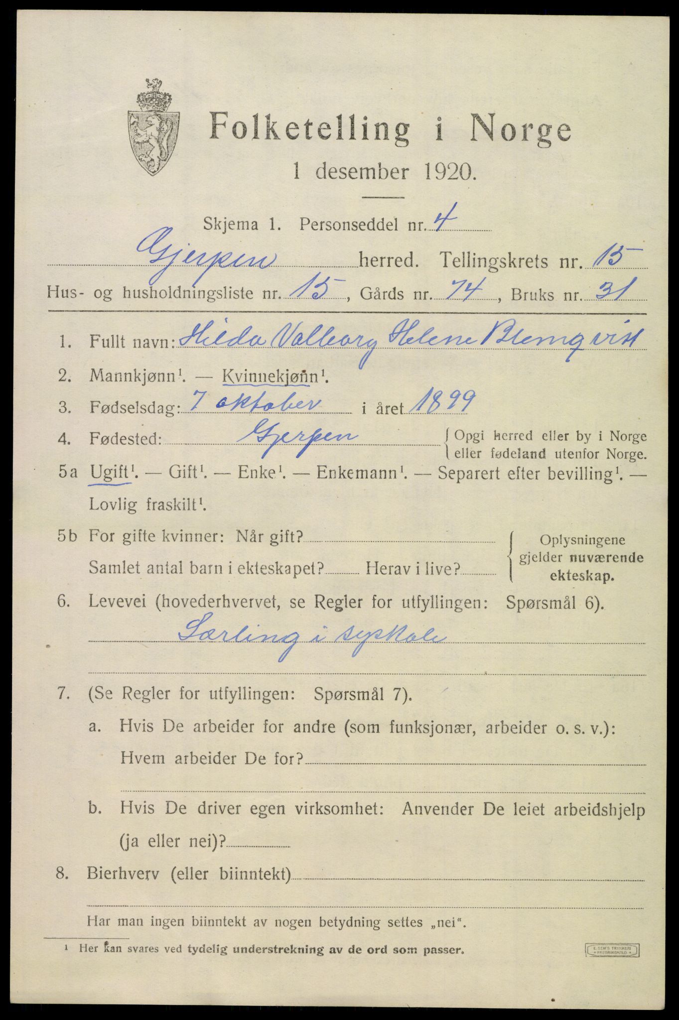 SAKO, 1920 census for Gjerpen, 1920, p. 17396