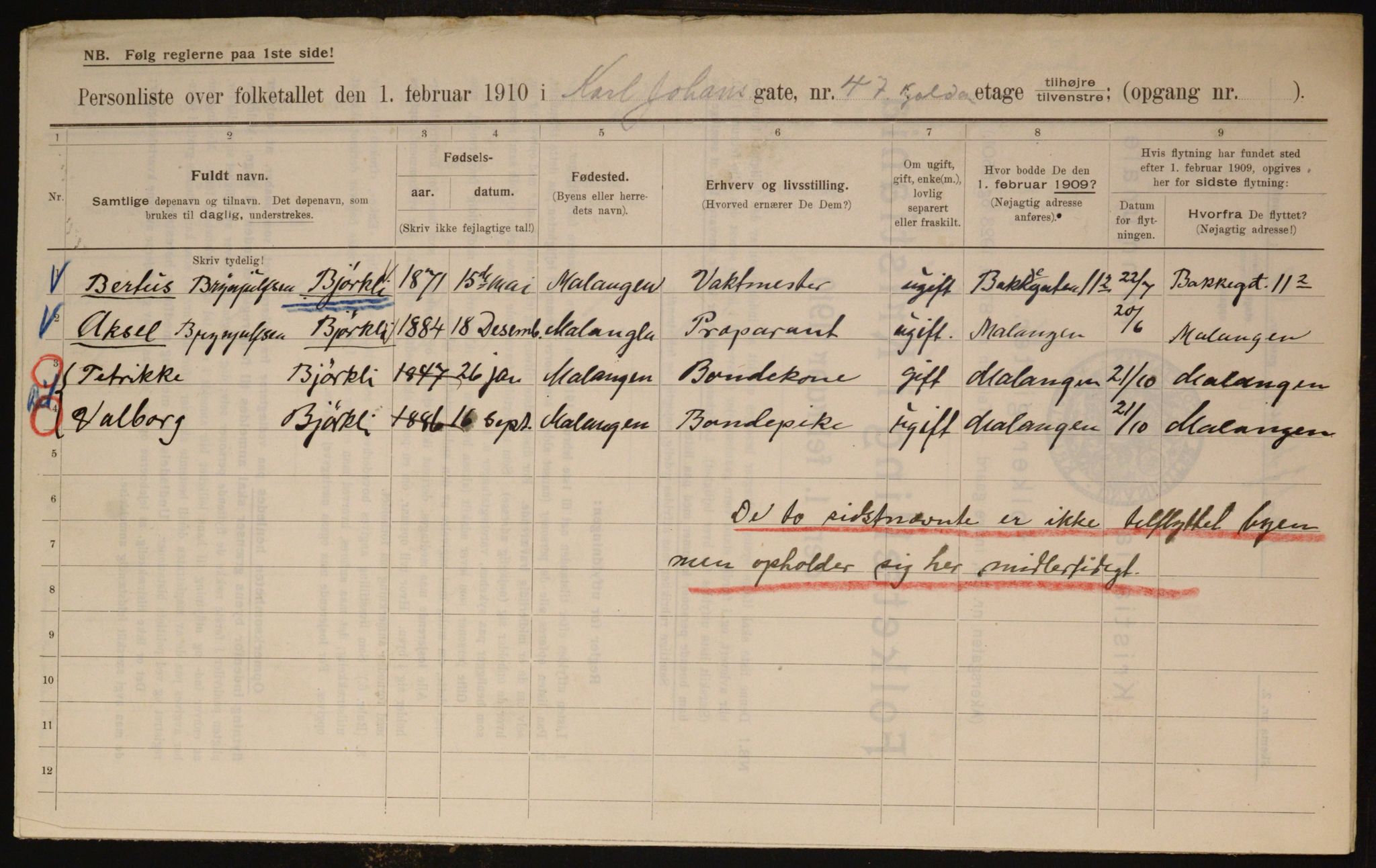 OBA, Municipal Census 1910 for Kristiania, 1910, p. 47485