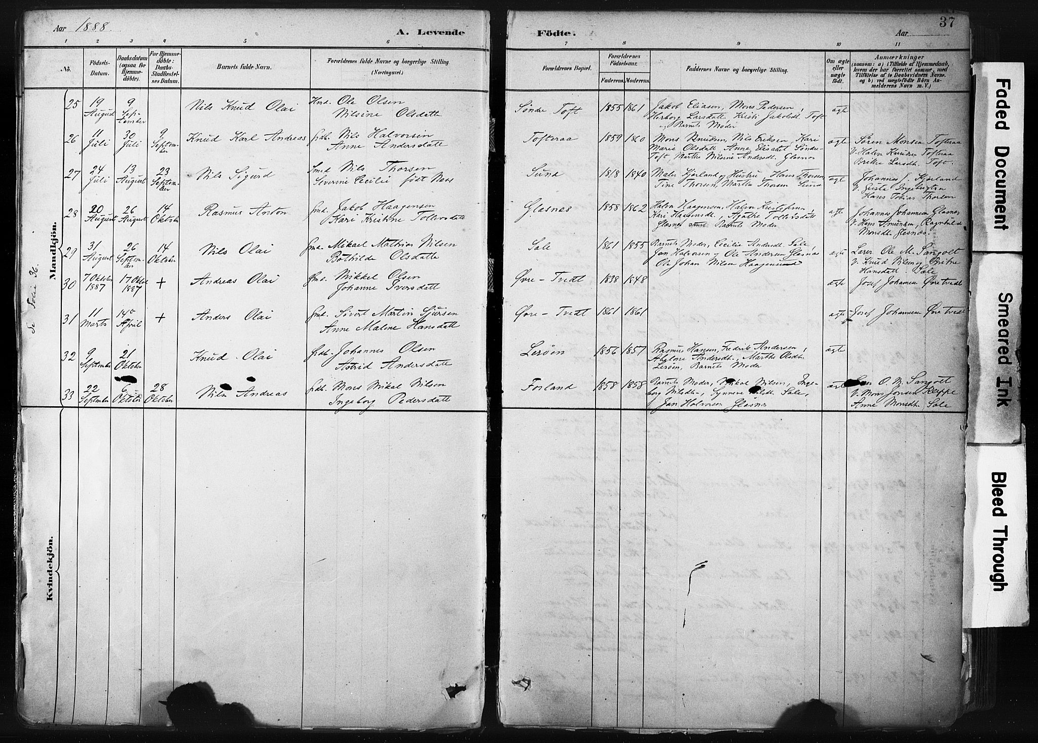 Sund sokneprestembete, AV/SAB-A-99930: Parish register (official) no. B 1, 1882-1907, p. 37