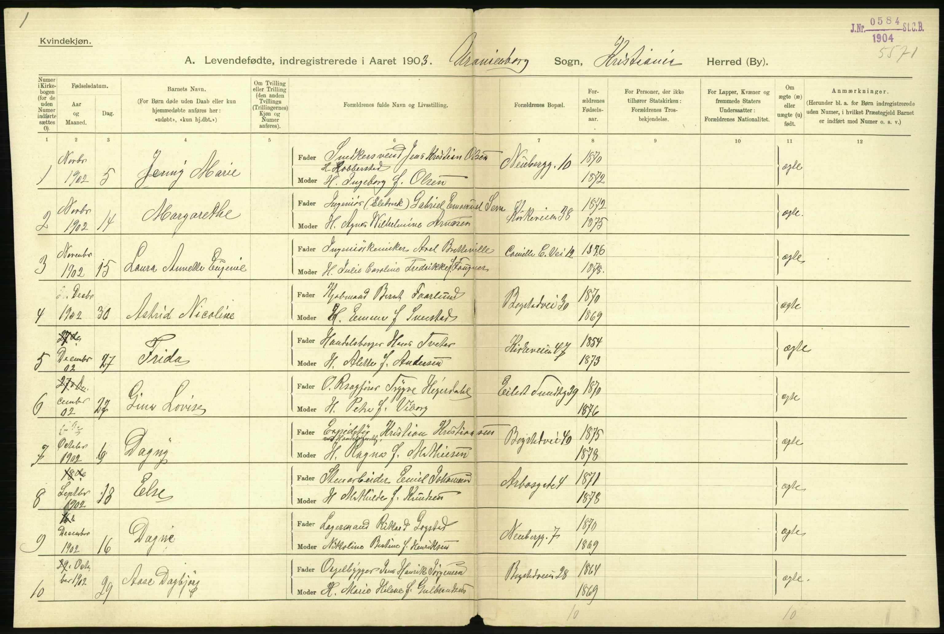 Statistisk sentralbyrå, Sosiodemografiske emner, Befolkning, AV/RA-S-2228/D/Df/Dfa/Dfaa/L0003: Kristiania: Fødte, 1903, p. 502