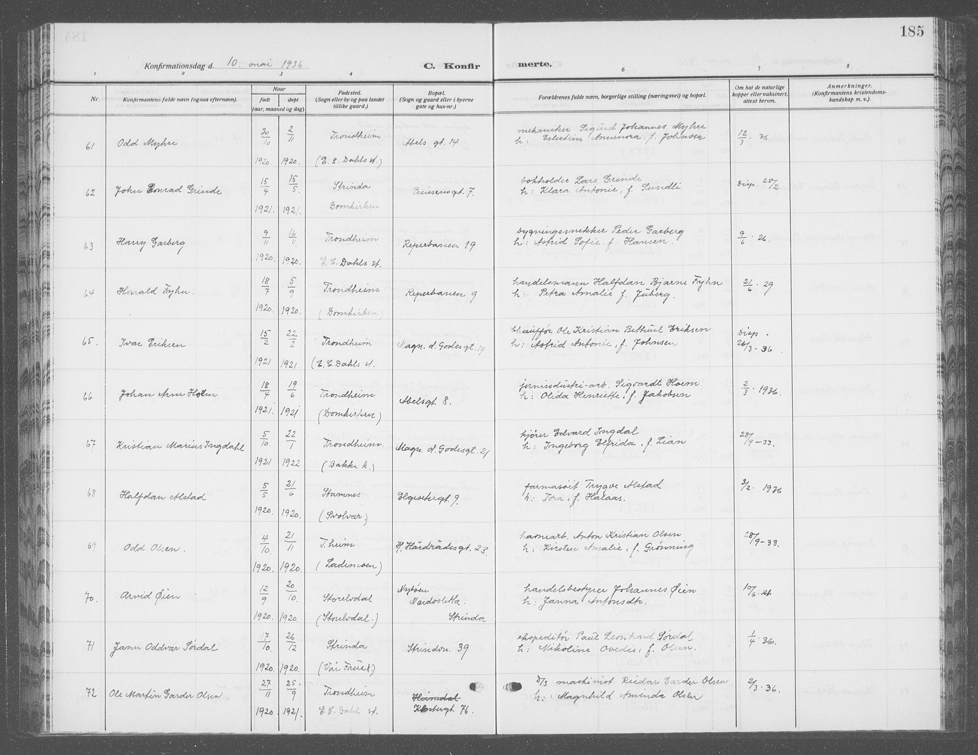 Ministerialprotokoller, klokkerbøker og fødselsregistre - Sør-Trøndelag, SAT/A-1456/601/L0099: Parish register (copy) no. 601C17, 1928-1941, p. 185