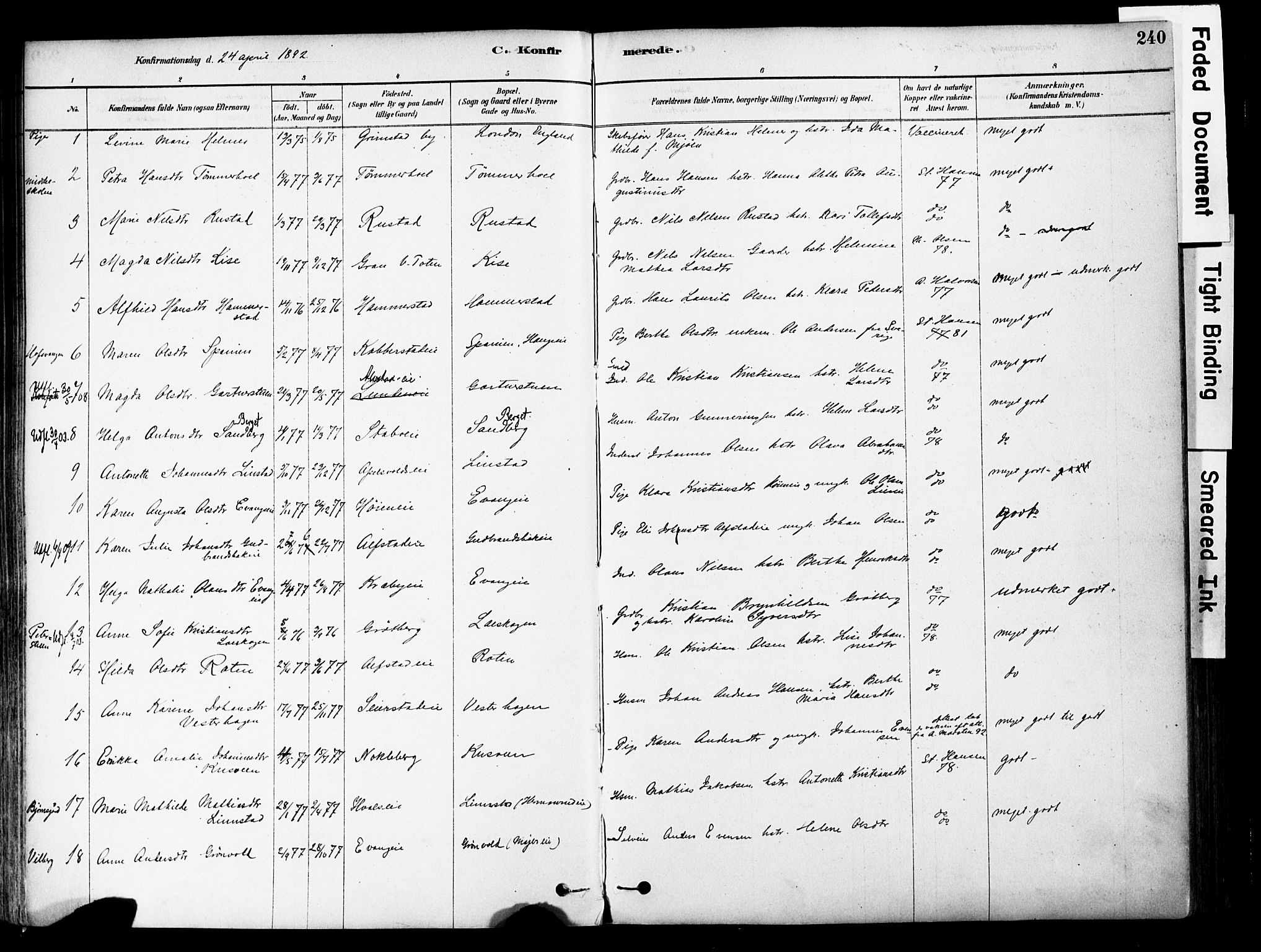 Østre Toten prestekontor, AV/SAH-PREST-104/H/Ha/Haa/L0006: Parish register (official) no. 6 /1, 1878-1896, p. 240
