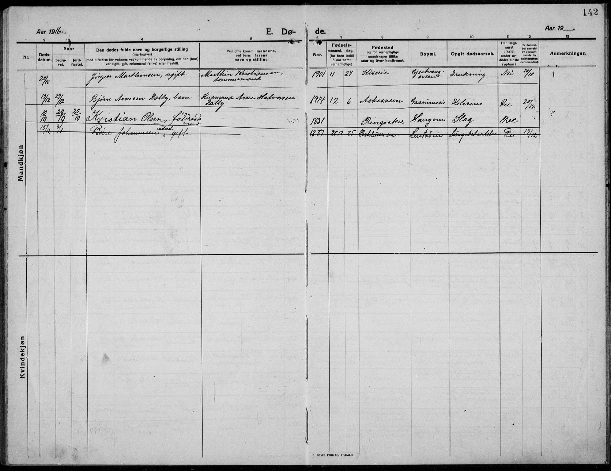 Nes prestekontor, Hedmark, SAH/PREST-020/L/La/L0009: Parish register (copy) no. 9, 1913-1936, p. 142
