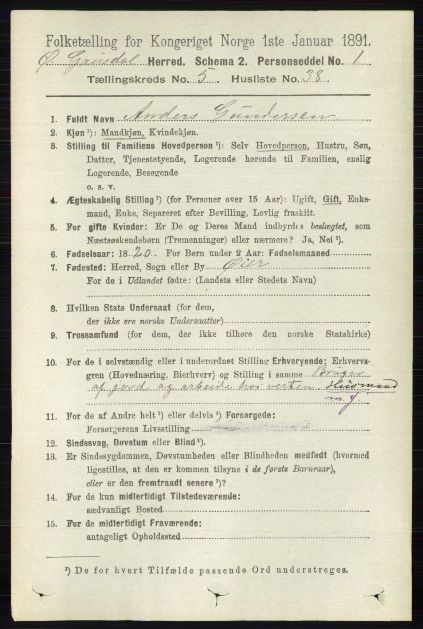 RA, 1891 census for 0522 Østre Gausdal, 1891, p. 3180