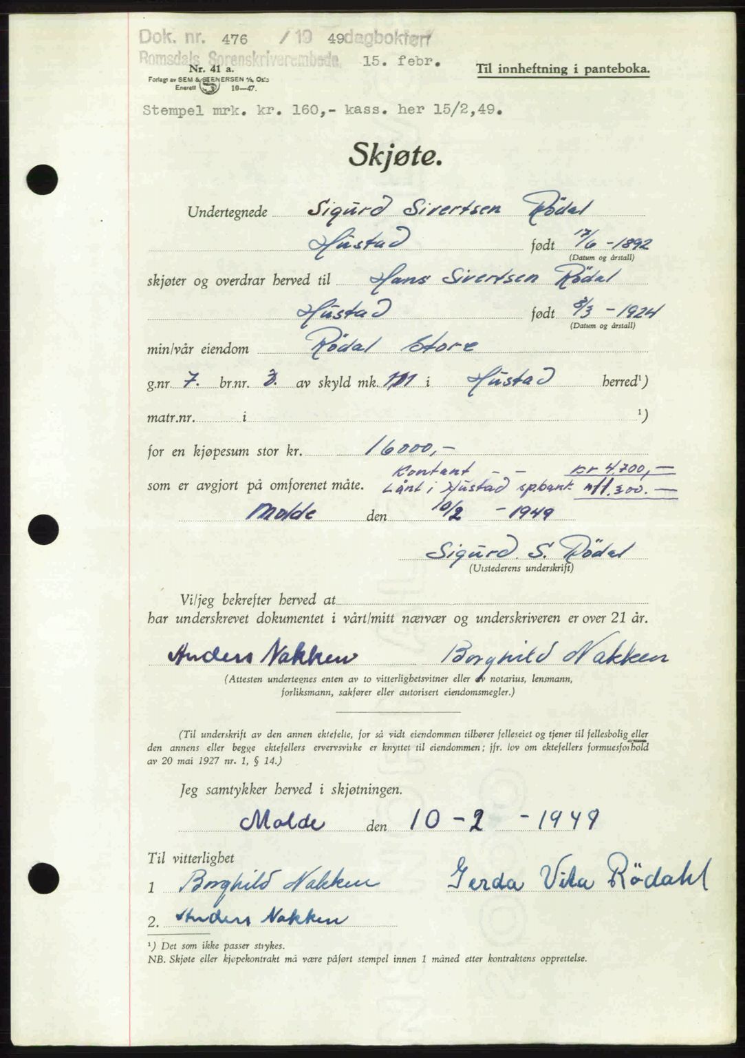 Romsdal sorenskriveri, AV/SAT-A-4149/1/2/2C: Mortgage book no. A28, 1948-1949, Diary no: : 476/1949