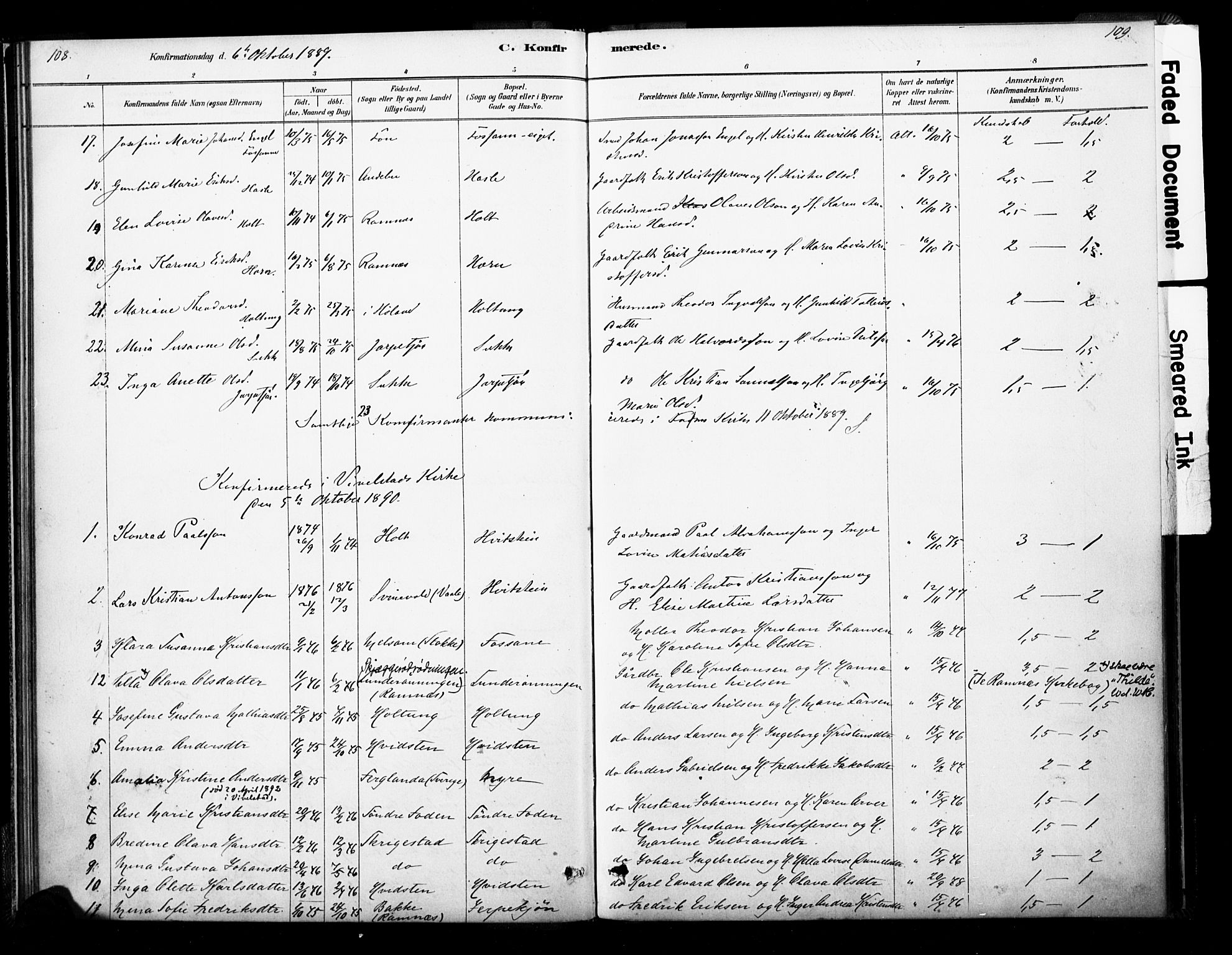 Ramnes kirkebøker, SAKO/A-314/F/Fb/L0001: Parish register (official) no. II 1, 1878-1894, p. 108-109