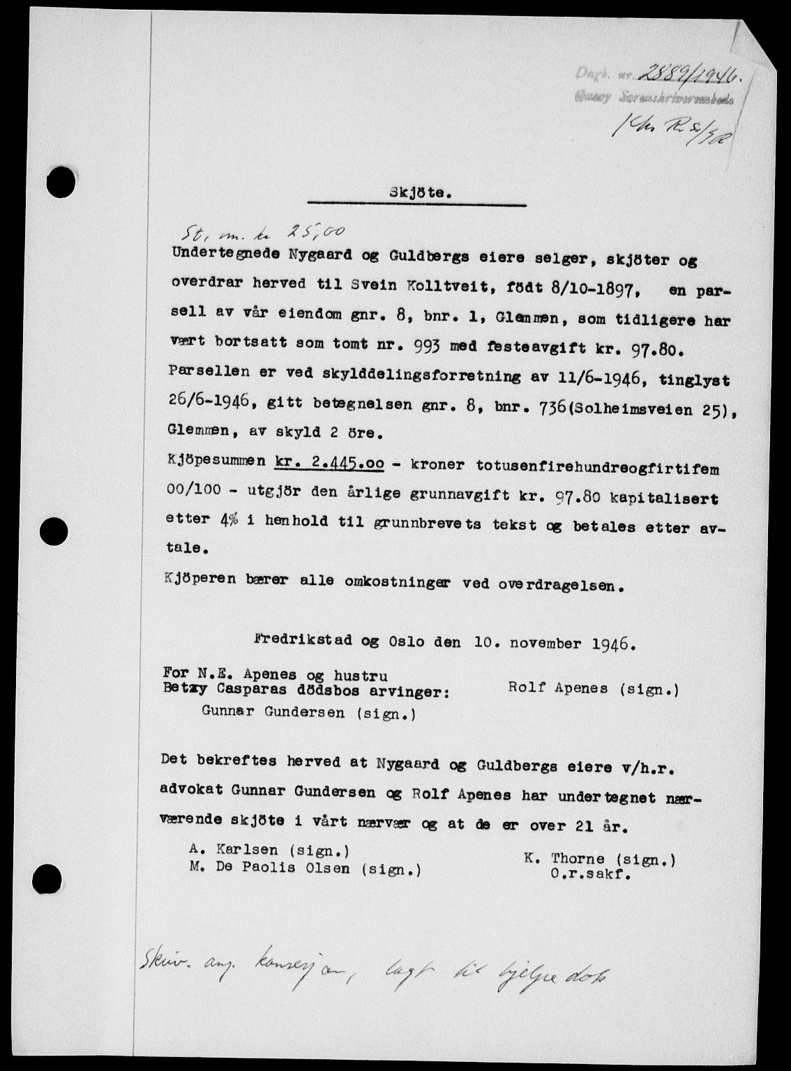 Onsøy sorenskriveri, SAO/A-10474/G/Ga/Gab/L0018: Mortgage book no. II A-18, 1946-1947, Diary no: : 2889/1946