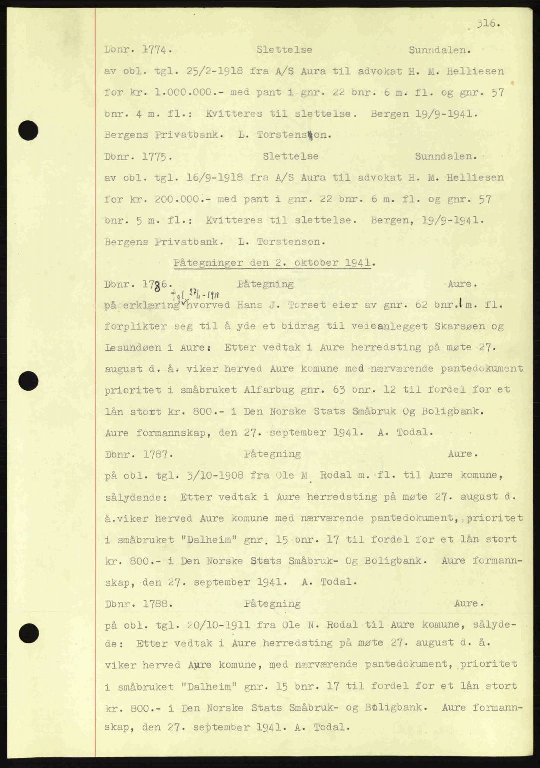 Nordmøre sorenskriveri, AV/SAT-A-4132/1/2/2Ca: Mortgage book no. C81, 1940-1945, Diary no: : 1774/1941