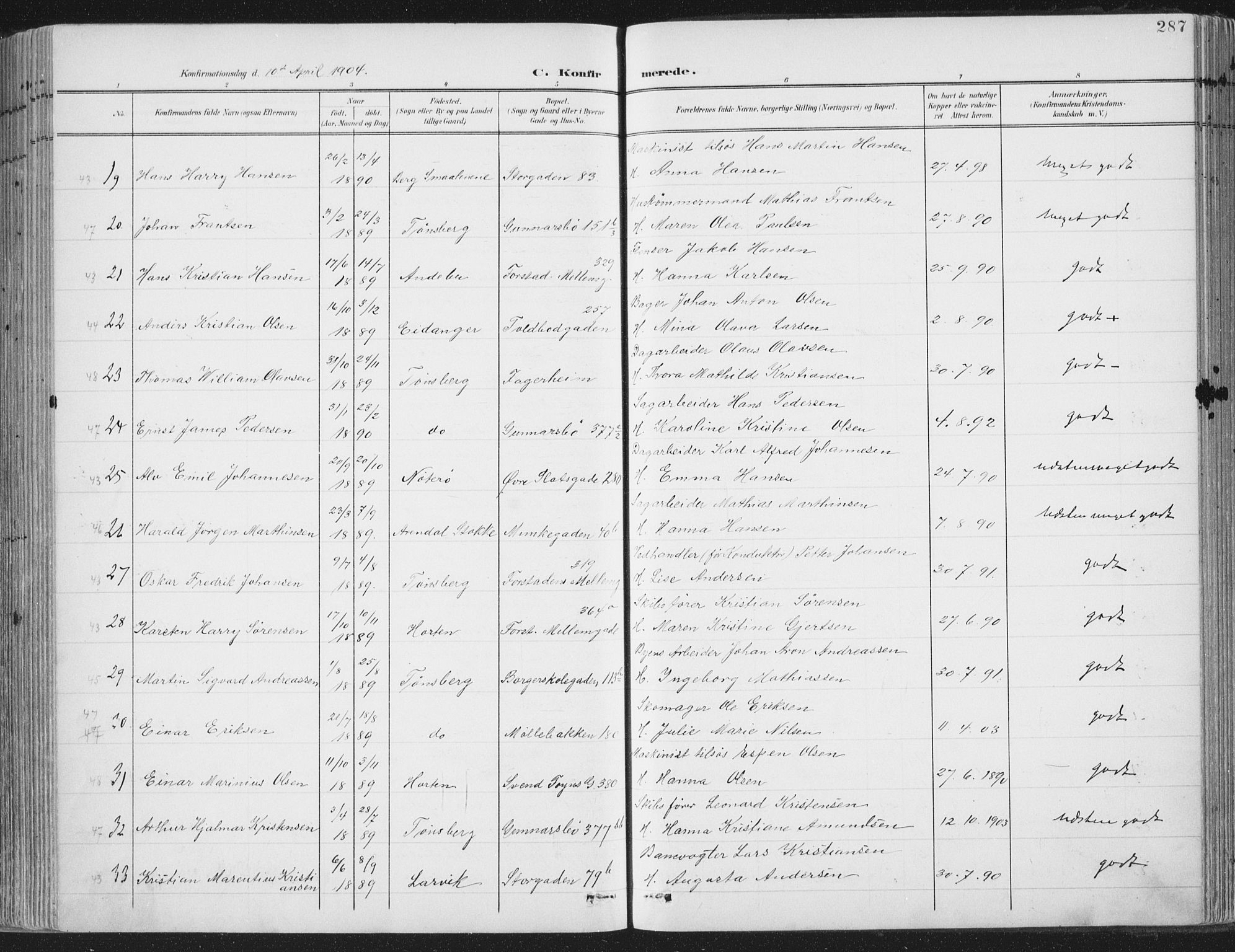 Tønsberg kirkebøker, SAKO/A-330/F/Fa/L0014: Parish register (official) no. I 14, 1900-1913, p. 287
