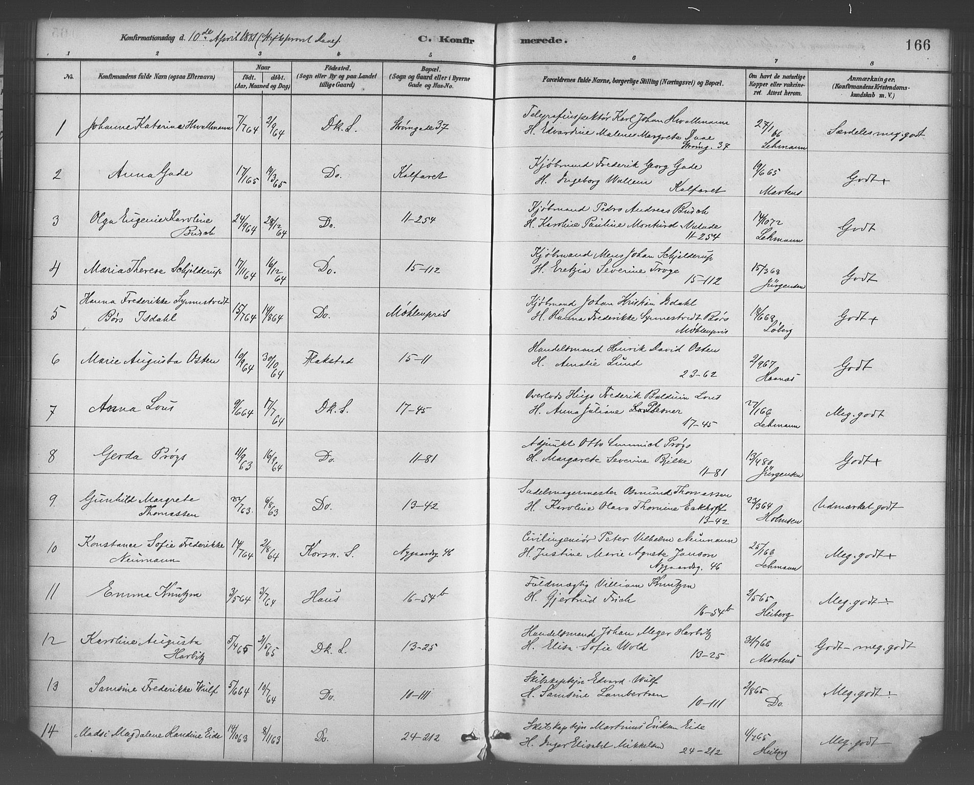 Domkirken sokneprestembete, SAB/A-74801/H/Haa/L0030: Parish register (official) no. C 5, 1880-1898, p. 166