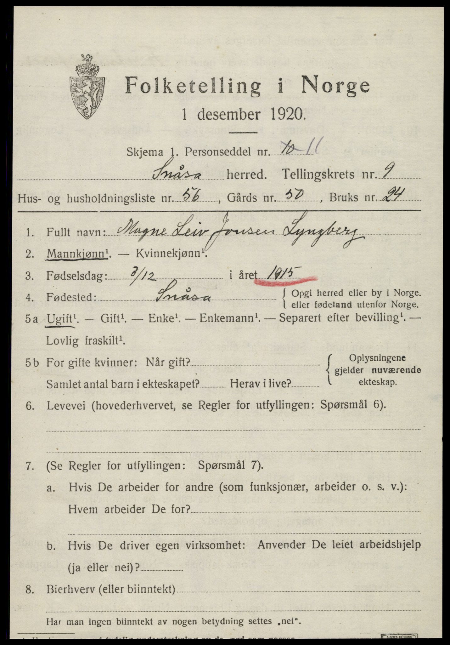 SAT, 1920 census for Snåsa, 1920, p. 4306