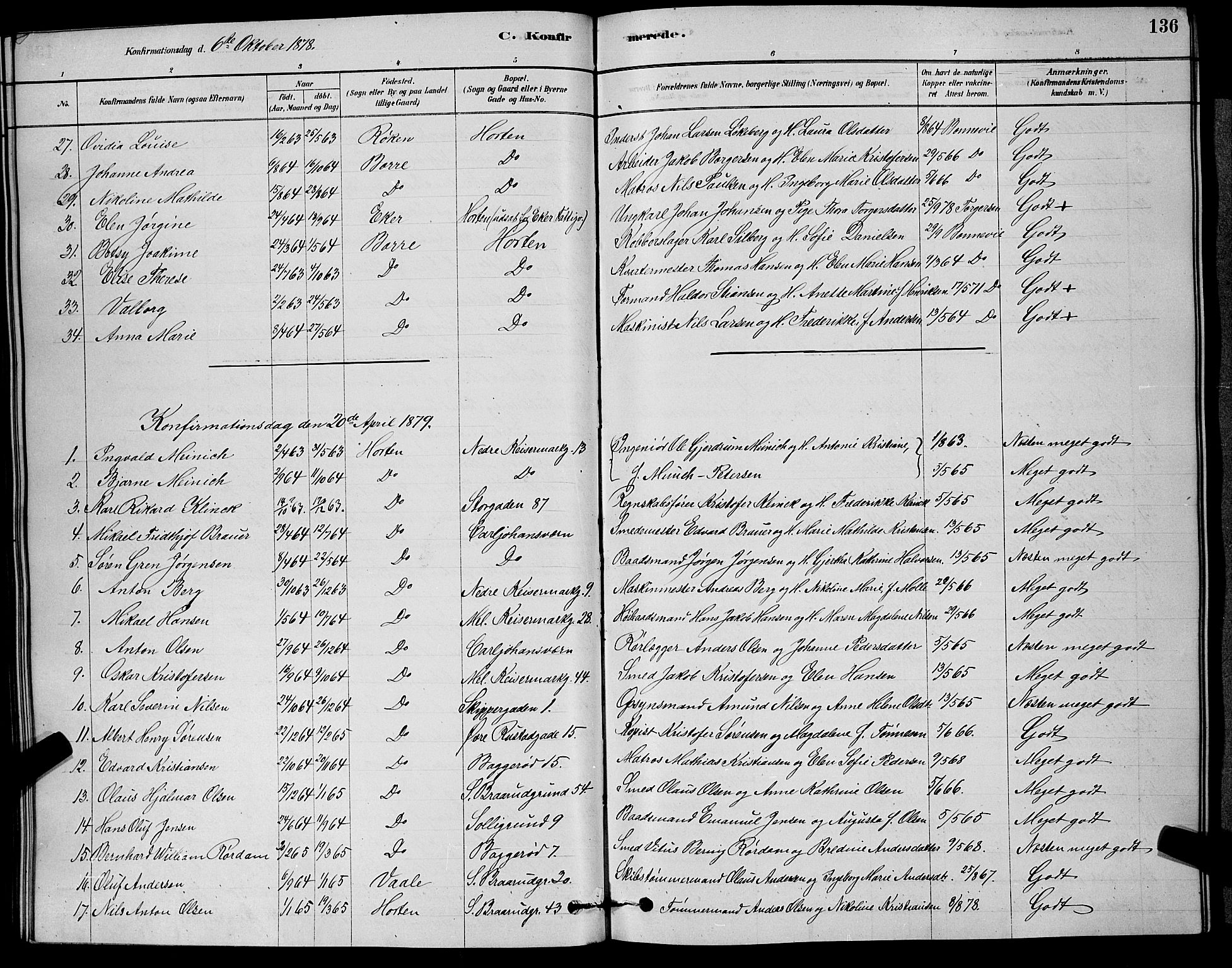 Horten kirkebøker, AV/SAKO-A-348/G/Ga/L0003: Parish register (copy) no. 4, 1878-1887, p. 136