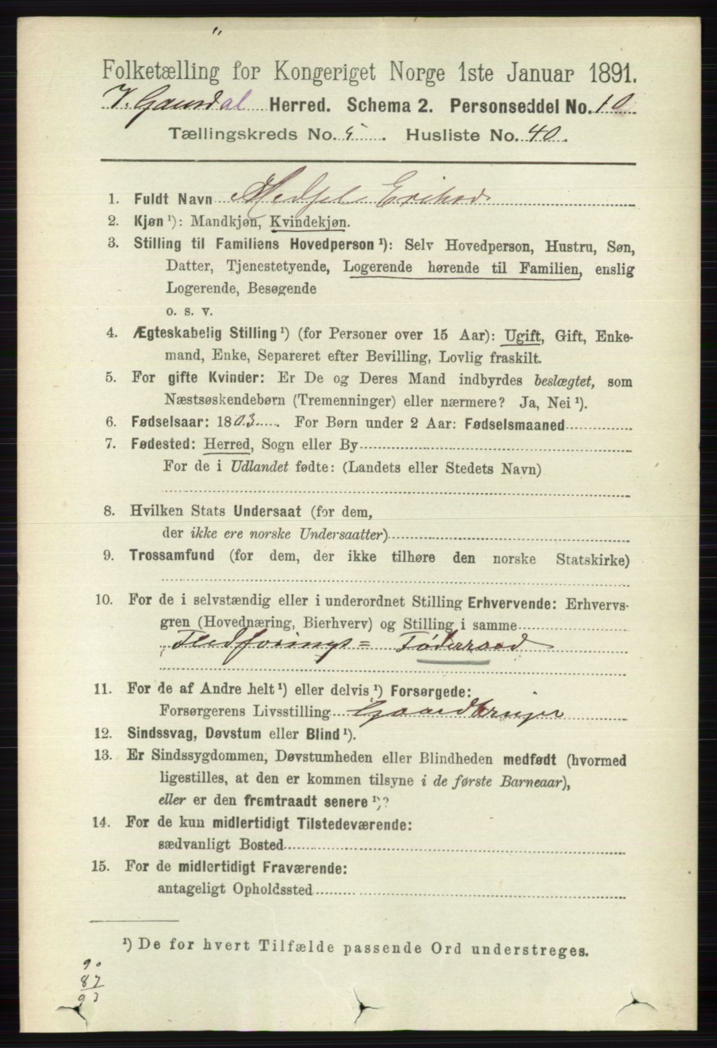 RA, 1891 census for 0523 Vestre Gausdal, 1891, p. 2395