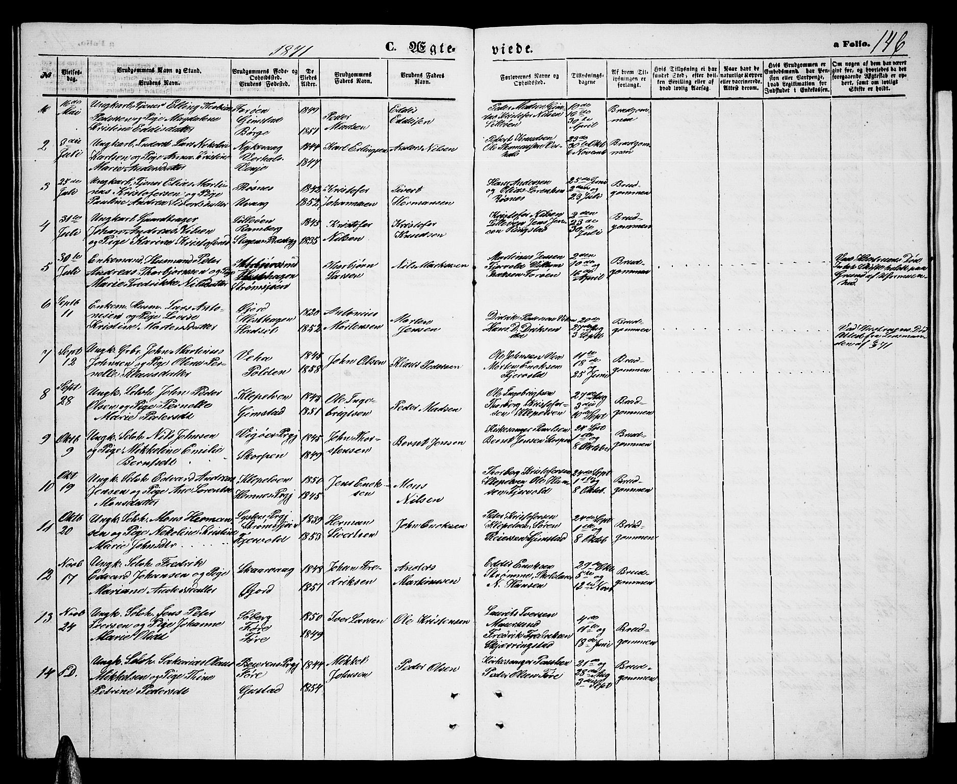 Ministerialprotokoller, klokkerbøker og fødselsregistre - Nordland, AV/SAT-A-1459/891/L1314: Parish register (copy) no. 891C03, 1870-1885, p. 146