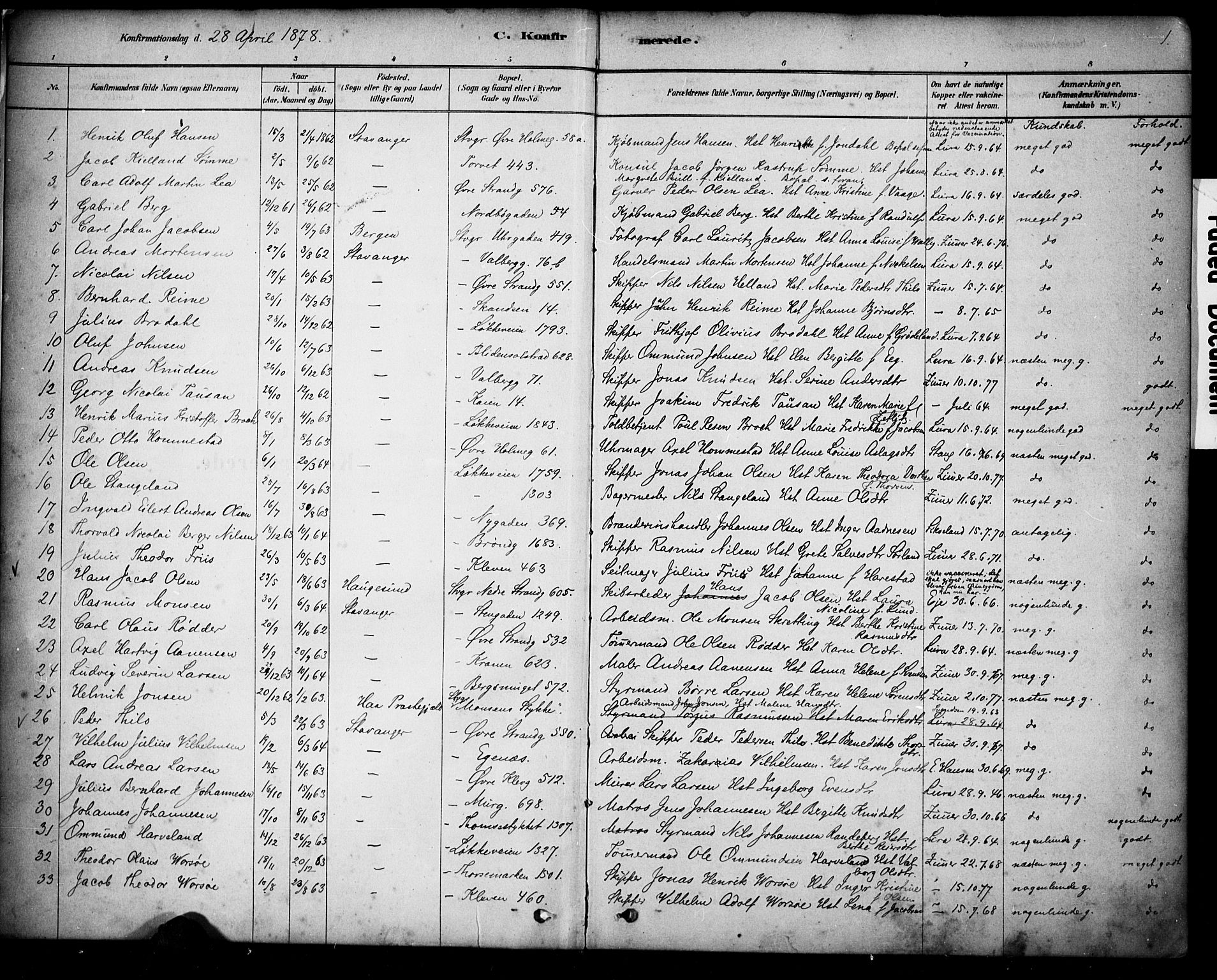 Domkirken sokneprestkontor, SAST/A-101812/001/30/30BA/L0028: Parish register (official) no. A 27, 1878-1896, p. 1