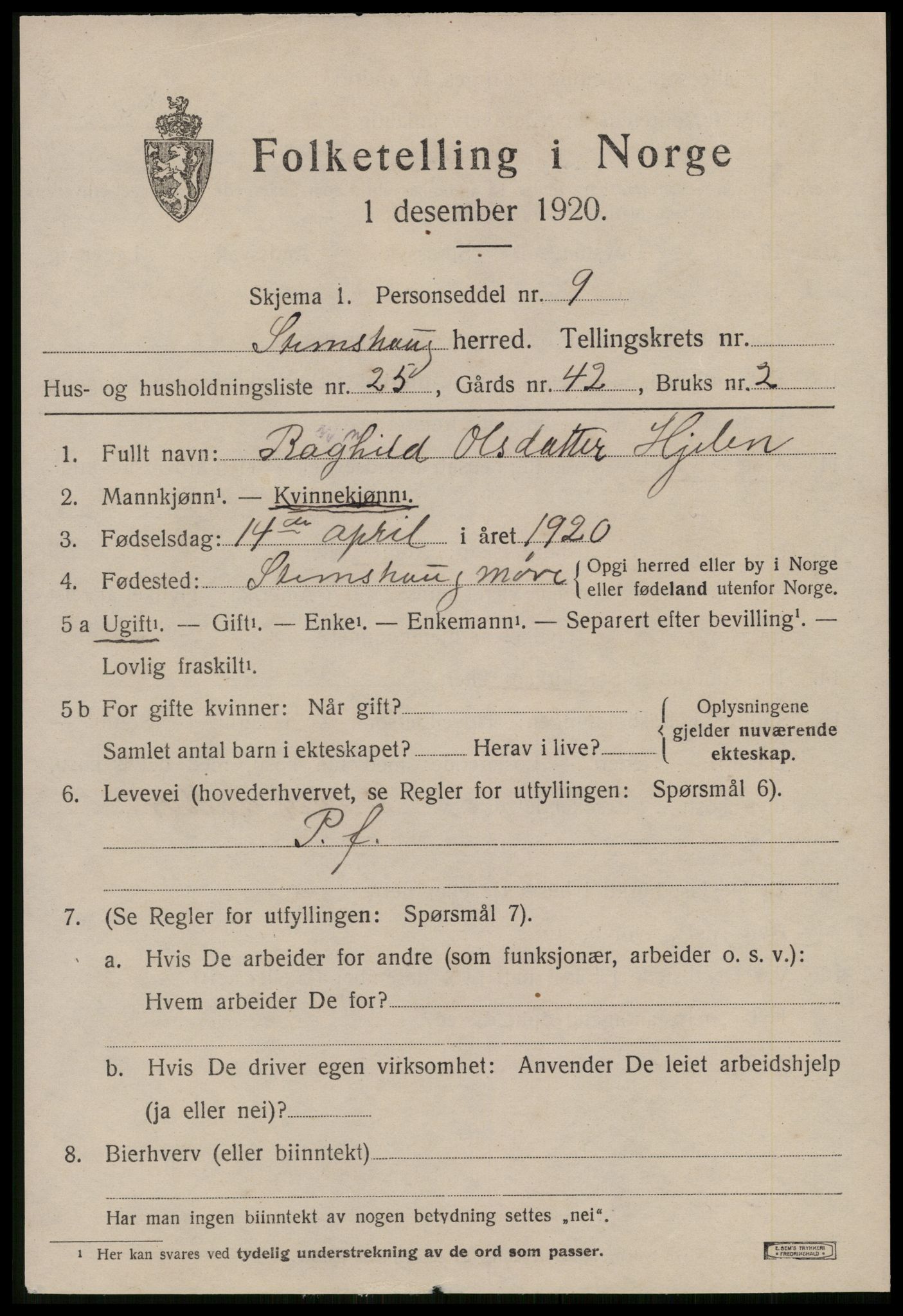 SAT, 1920 census for Stemshaug, 1920, p. 654