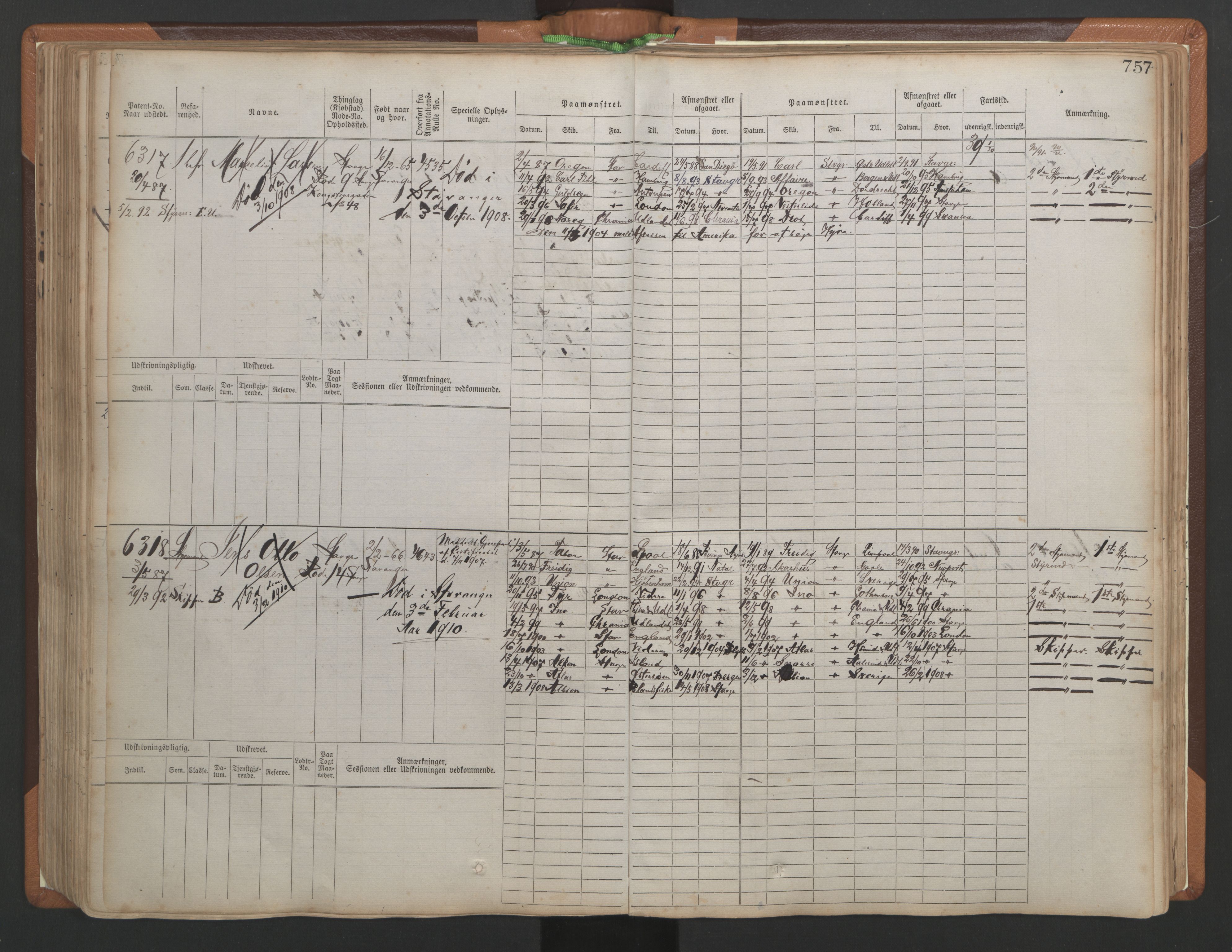 Stavanger sjømannskontor, AV/SAST-A-102006/F/Fb/Fbb/L0010: Sjøfartshovedrulle, patentnr. 6007-6606 (del 1), 1887-1896, p. 161