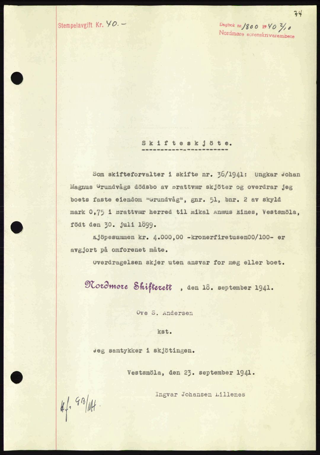 Nordmøre sorenskriveri, AV/SAT-A-4132/1/2/2Ca: Mortgage book no. A91, 1941-1942, Diary no: : 1800/1941