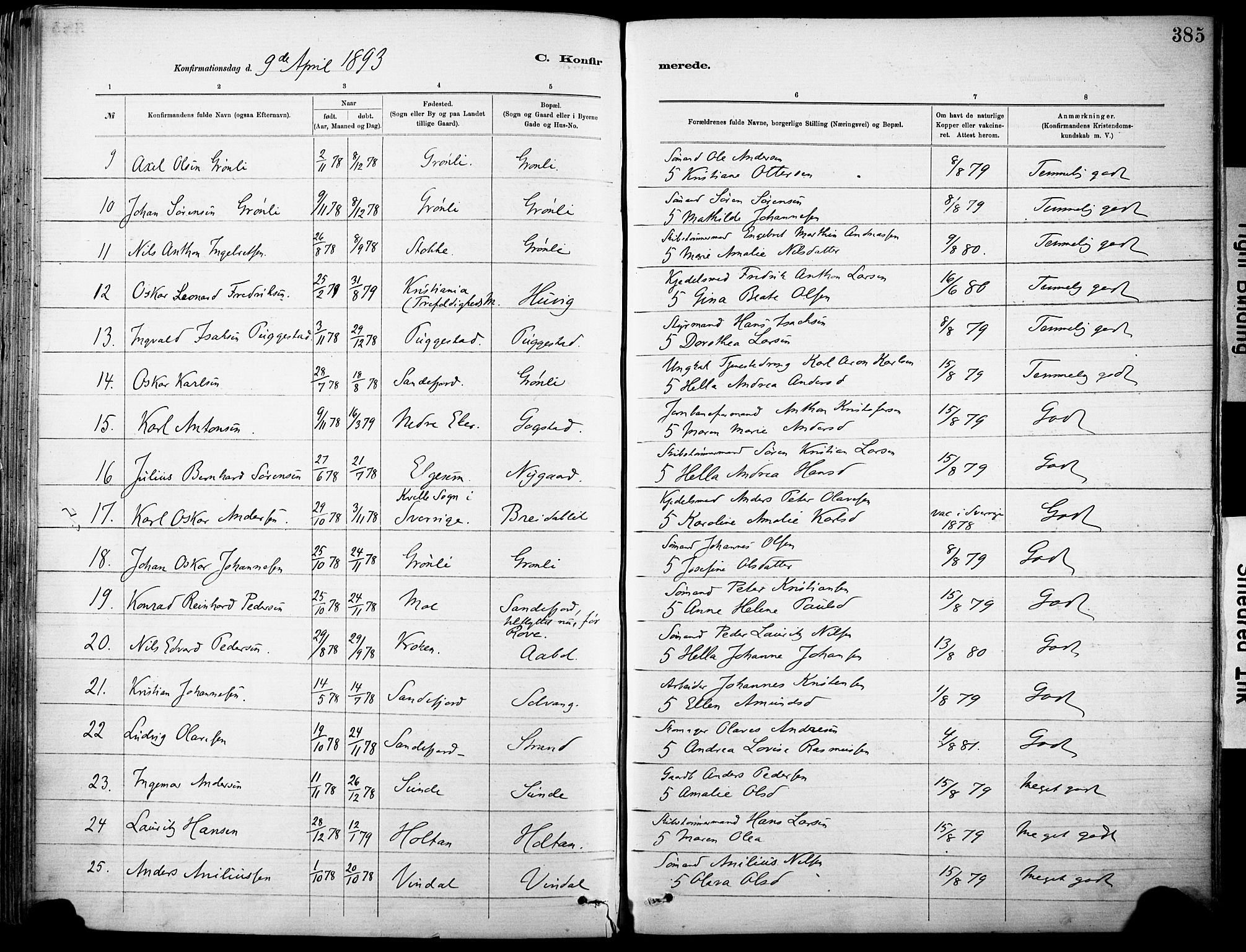 Sandar kirkebøker, SAKO/A-243/F/Fa/L0012: Parish register (official) no. 12, 1883-1895, p. 385